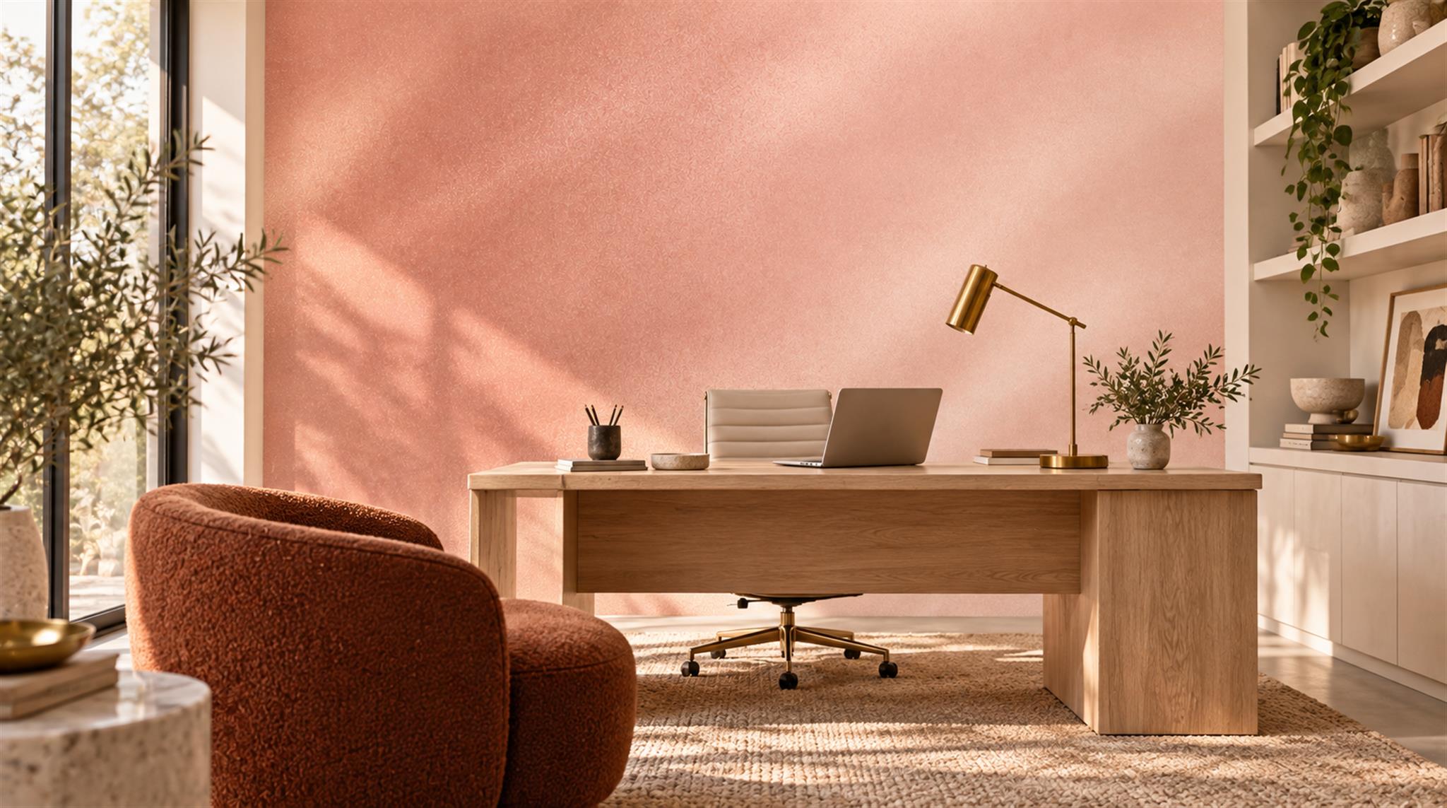 Pink And Neutral Decorative Patterning Wallpaper Mural Office-wallpaper-murals, Shown In A Home Office, Peel-and-stick Finish