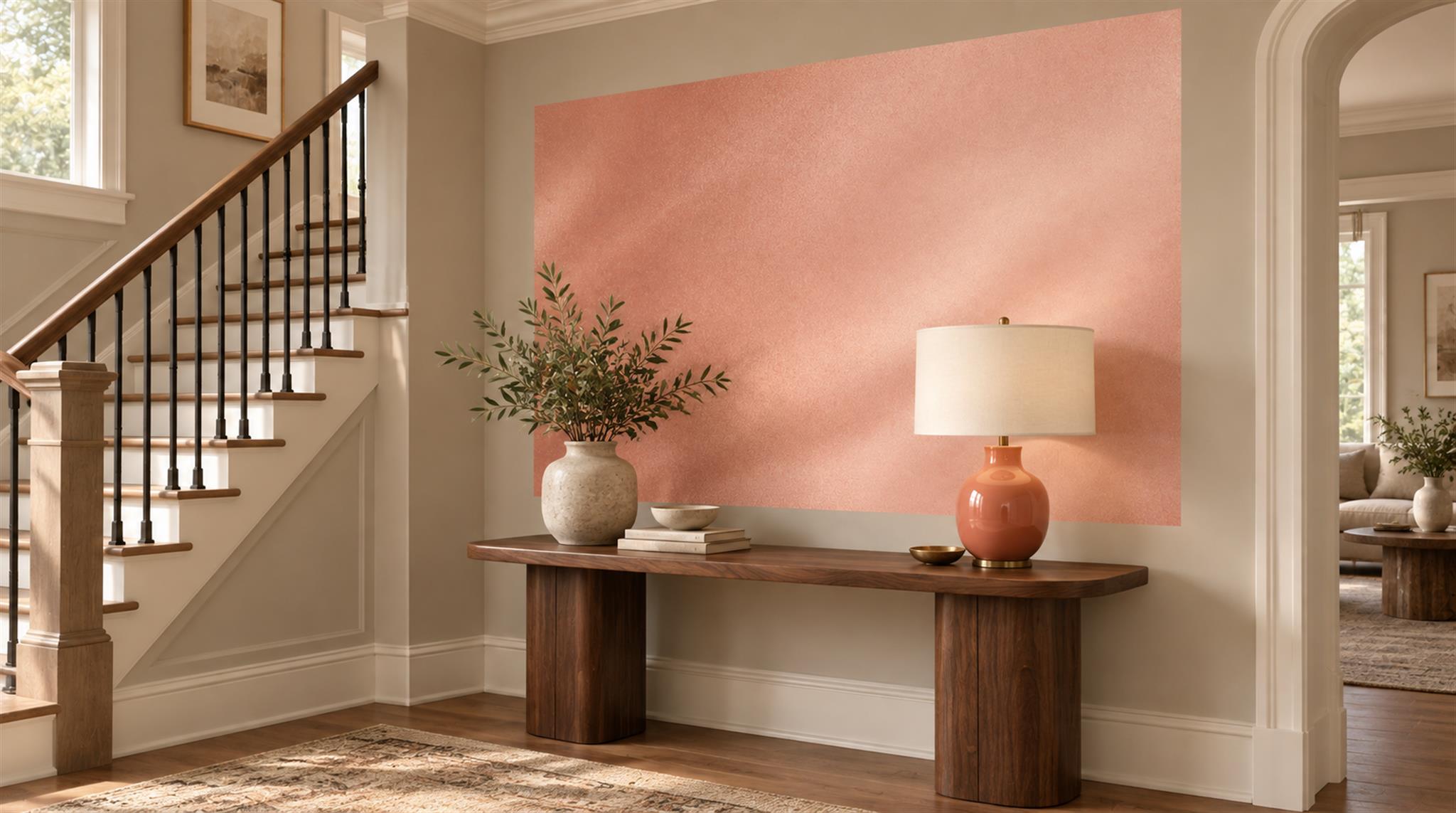 Pink And Neutral Decorative Patterning Wallpaper Mural Entryway-wallpaper-murals, Peel-and-stick Finish