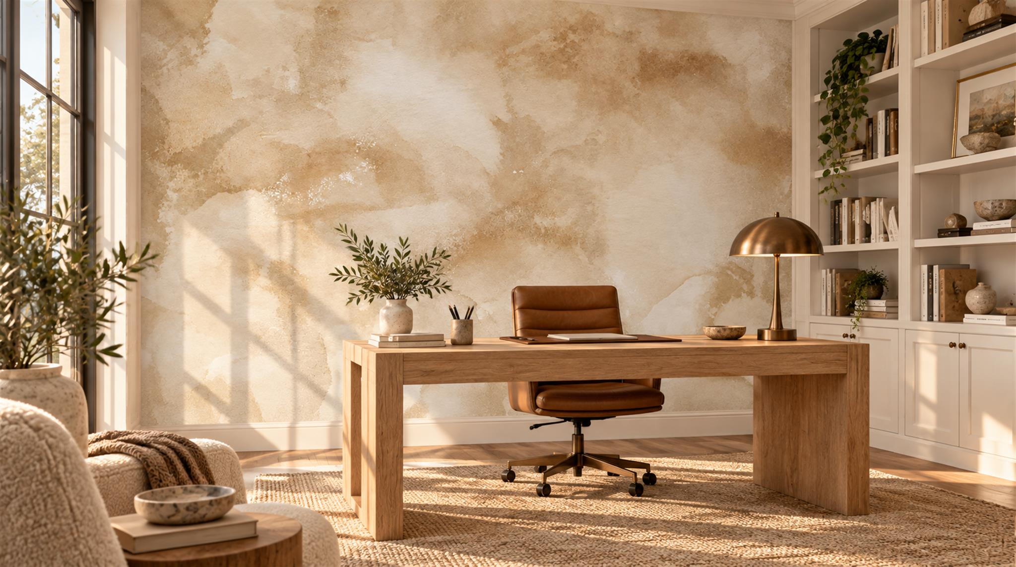 Ivory And Neutral Decorative Patterning Wallpaper Mural Office-wallpaper-murals, Shown In A Home Office, Peel-and-stick Finish