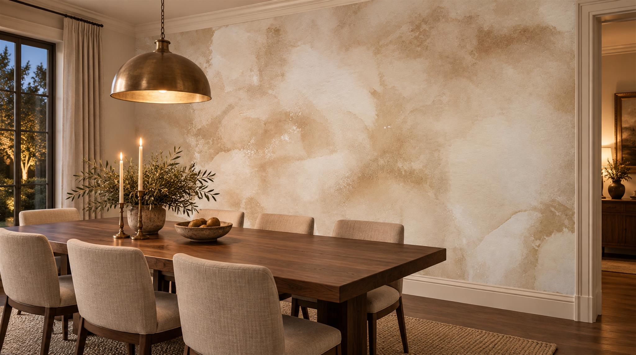 Ivory And Neutral Decorative Patterning Wallpaper Mural Dining-room-wallpaper-murals, Shown In A Dining Room, Peel-and-stick Finish