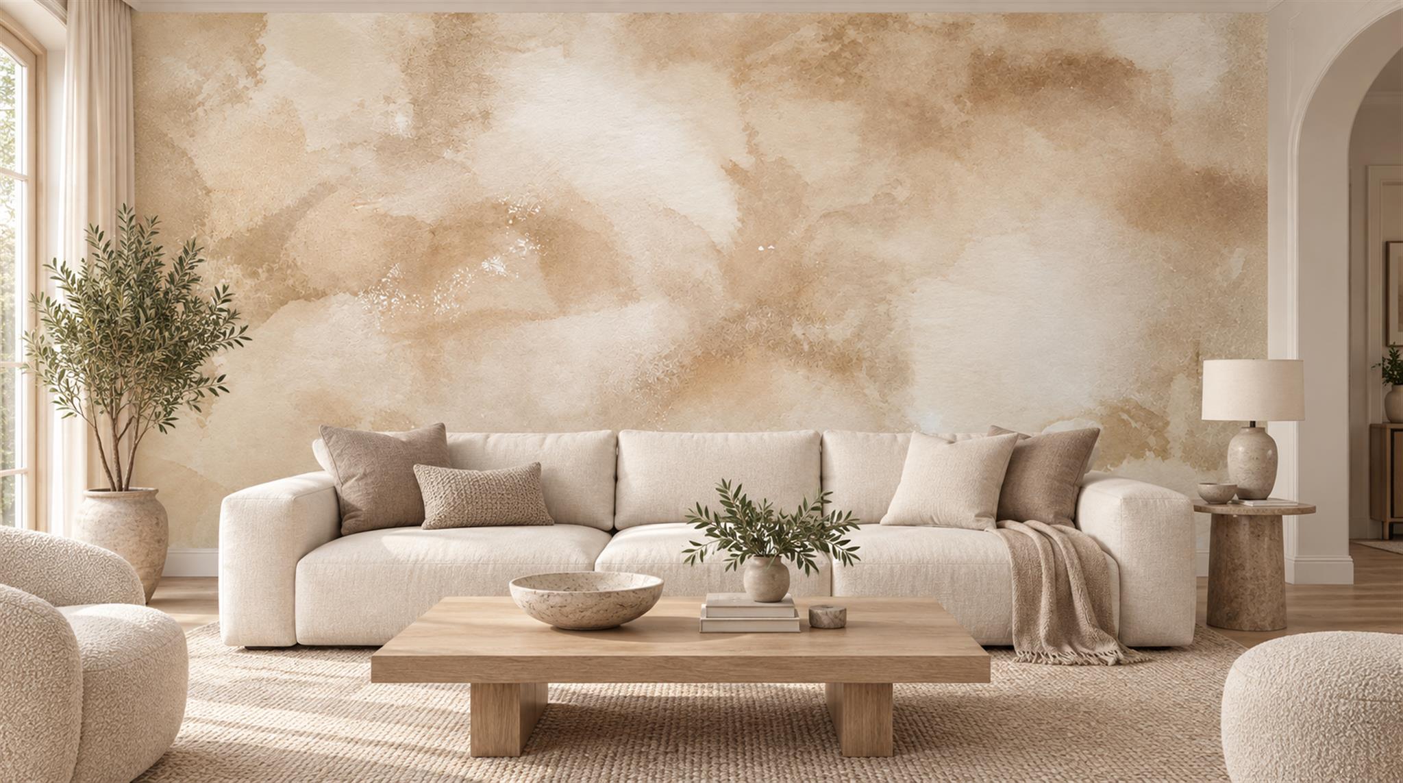 Ivory Beige Watercolour Cloud Wash Wallpaper Mural — Wallpaper Mural Design, Peel-and-stick Finish