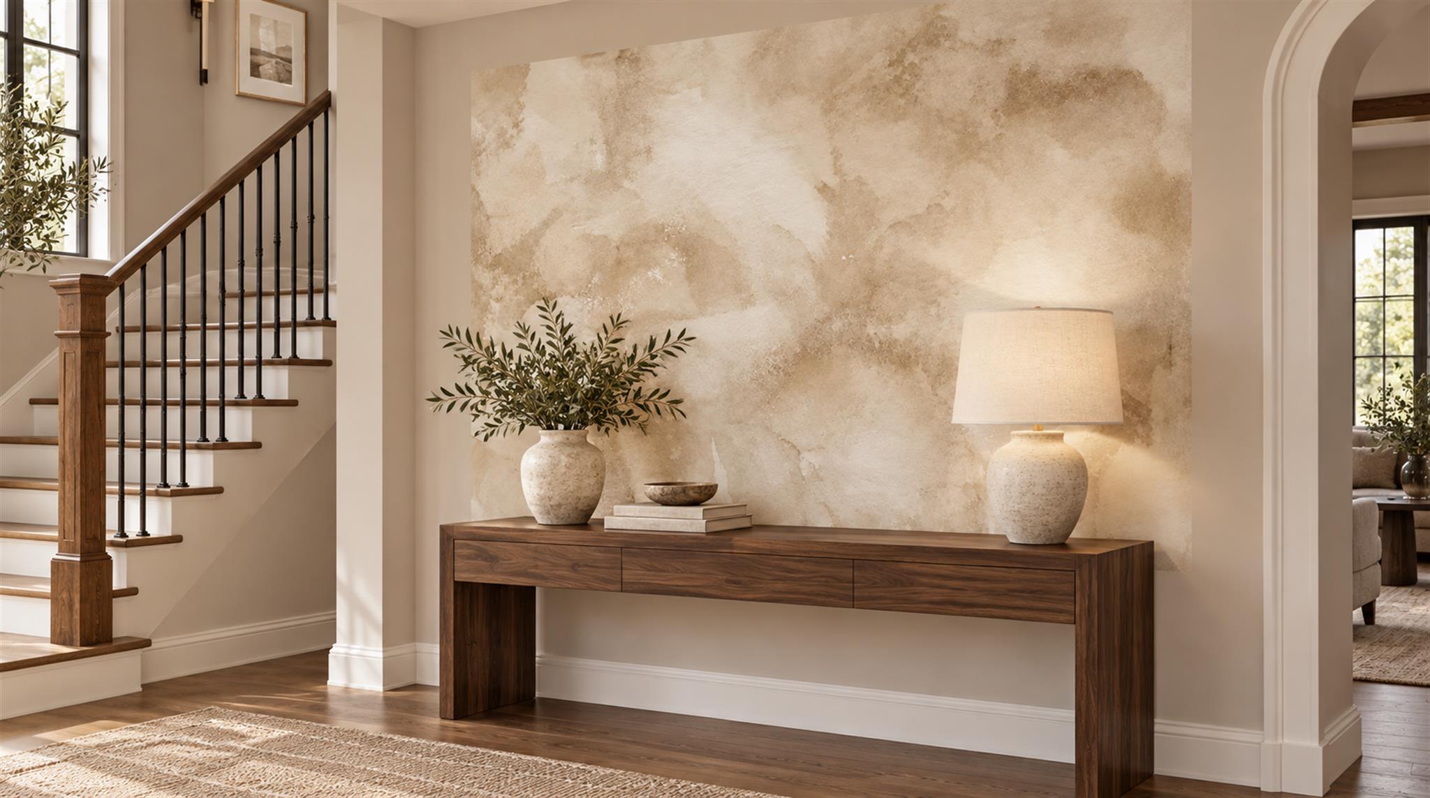 Ivory And Neutral Decorative Patterning Wallpaper Mural Entryway-wallpaper-murals, Peel-and-stick Finish