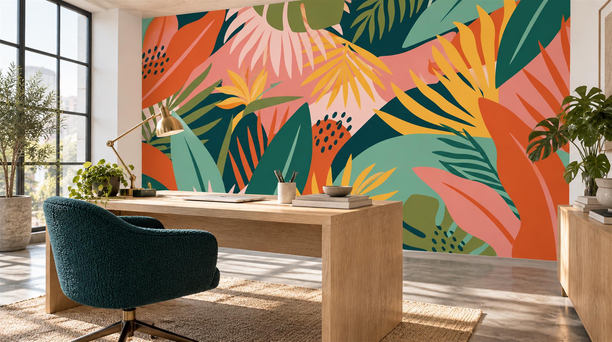 Neutral Abstract Forms Decorative Wallpaper Mural Office-wallpaper-murals, Shown In A Home Office, Peel-and-stick Finish