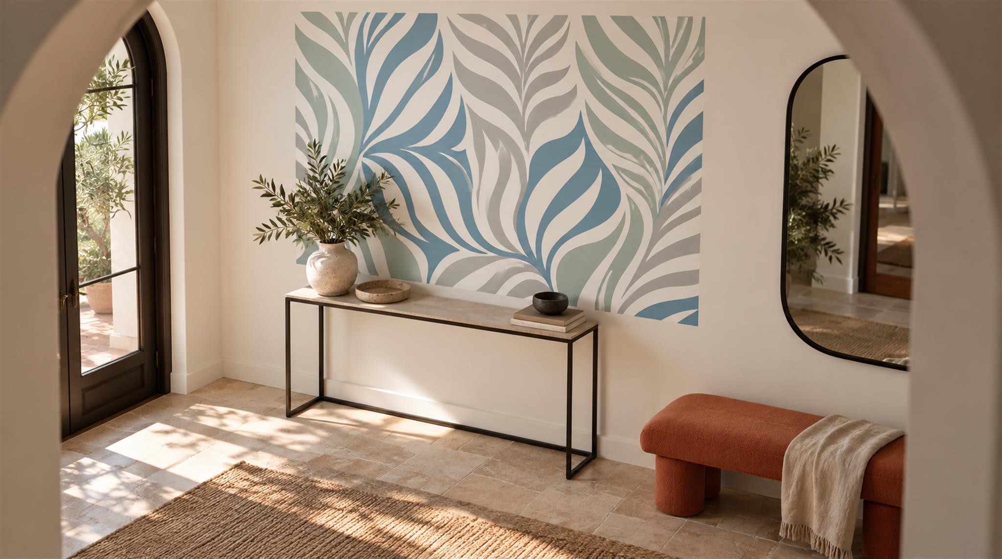 Blue And Neutral Leaf Patterning Wallpaper Mural Entryway-wallpaper-murals, Peel-and-stick Finish