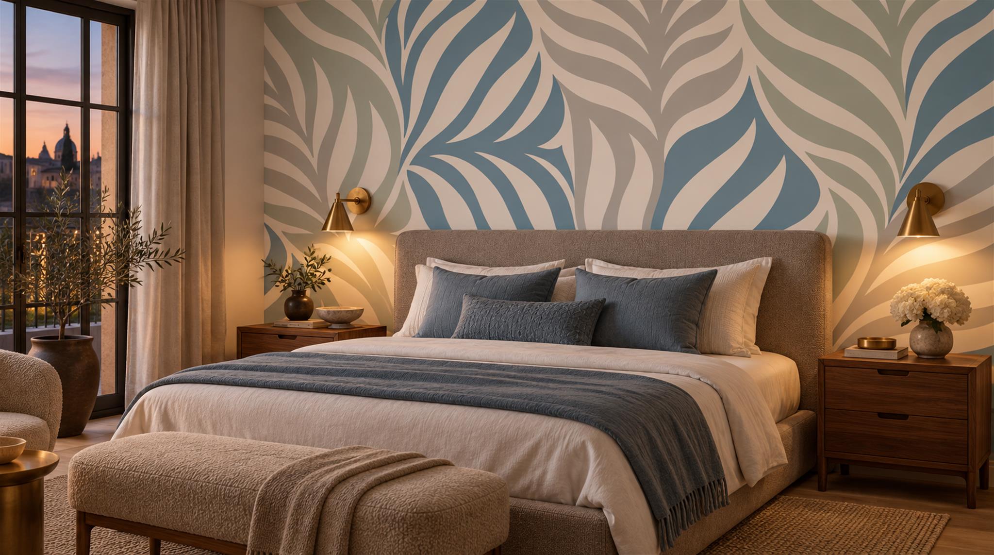 Blue And Neutral Leaf Patterning Wallpaper Mural Bedroom-wallpaper-murals, Peel-and-stick Finish