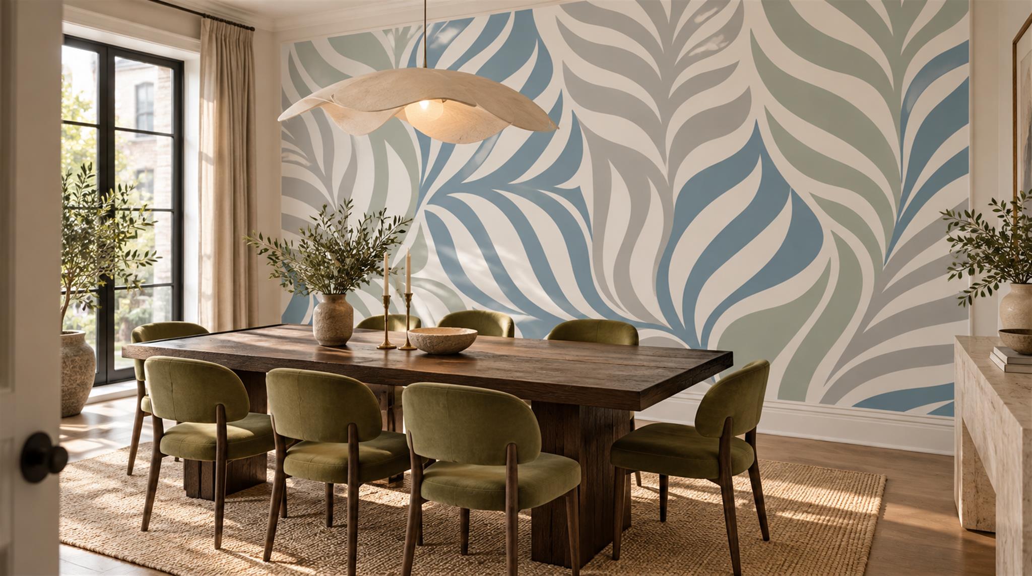 Blue And Neutral Leaf Patterning Wallpaper Mural Dining-room-wallpaper-murals, Shown In A Dining Room, Peel-and-stick Finish