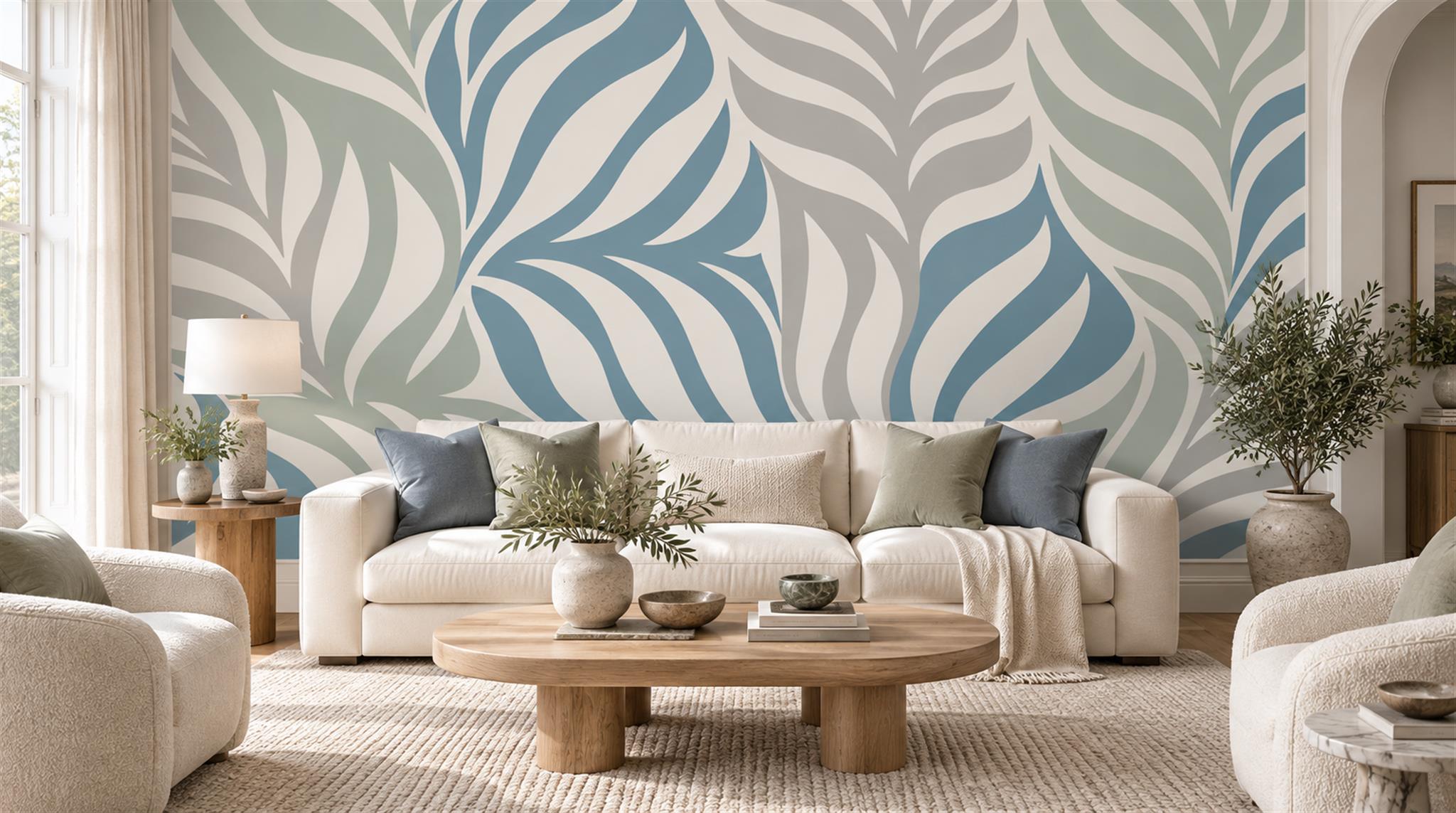 Blue And Neutral Leaf Patterning Wallpaper Mural Living-room-wallpaper-murals, Peel-and-stick Finish
