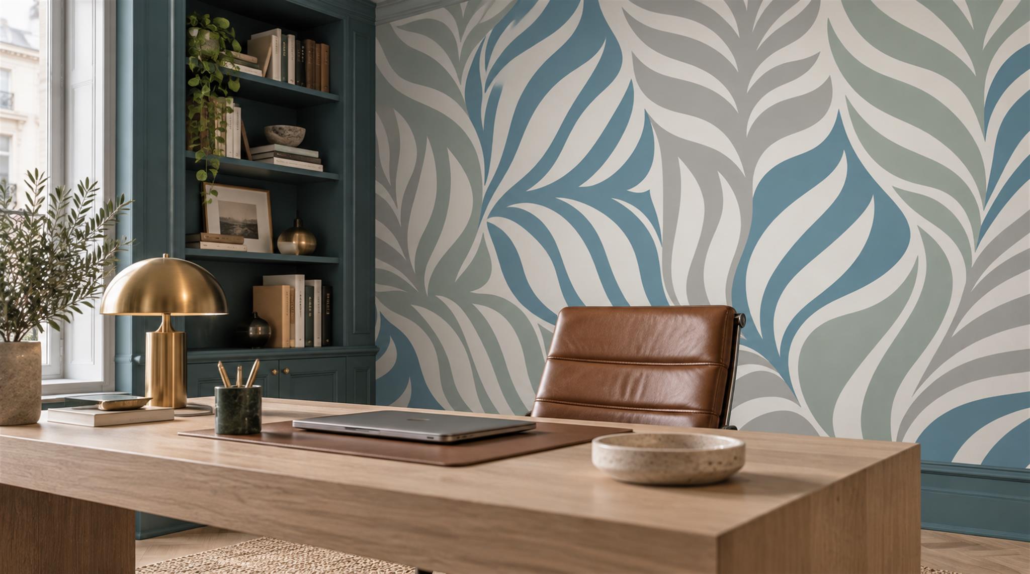 Blue And Neutral Leaf Patterning Wallpaper Mural Office-wallpaper-murals, Shown In A Home Office, Peel-and-stick Finish