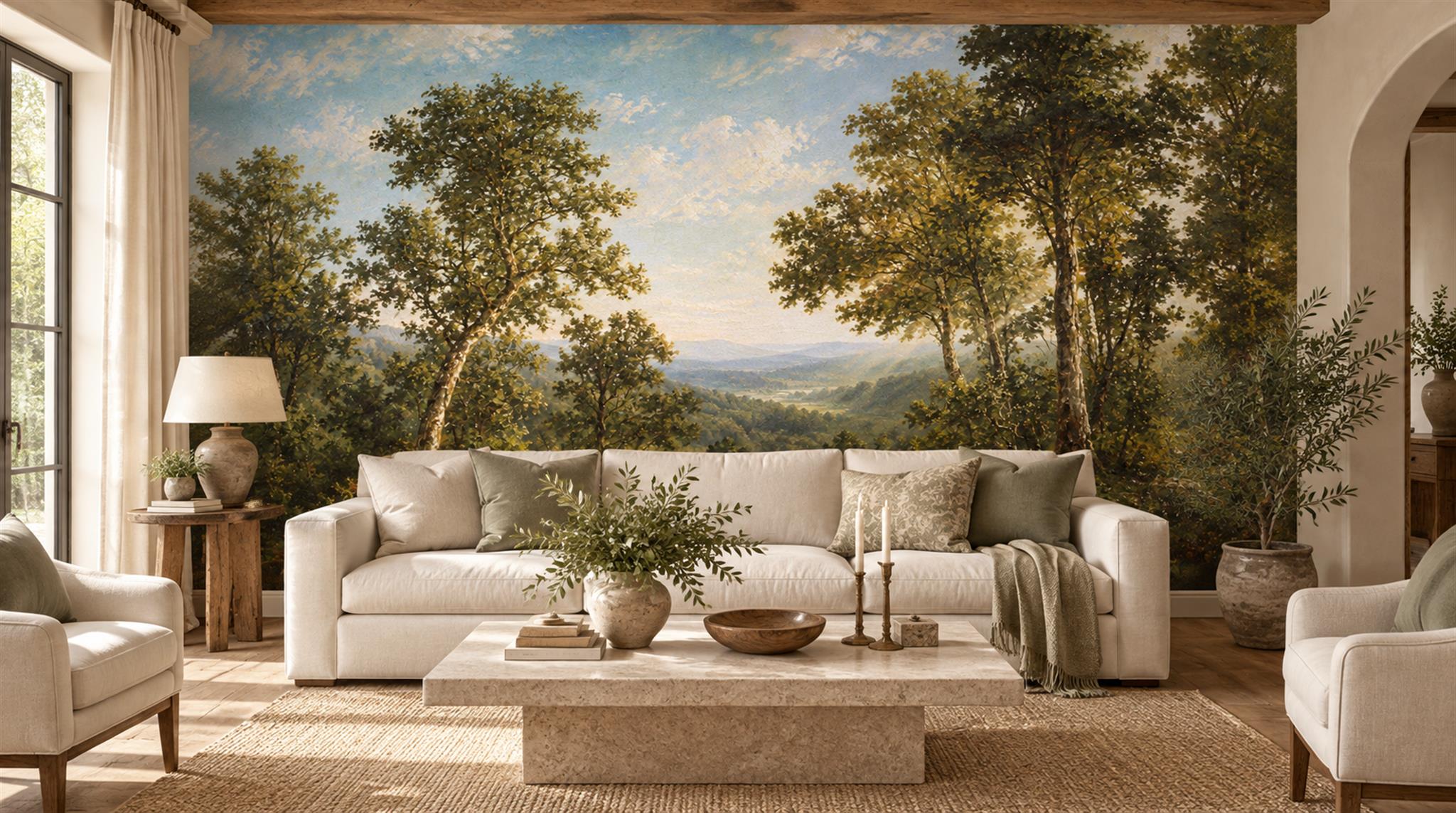 Sunlit Woodland Valley Landscape Wallpaper Mural — Wallpaper Mural Design, Peel-and-stick Finish