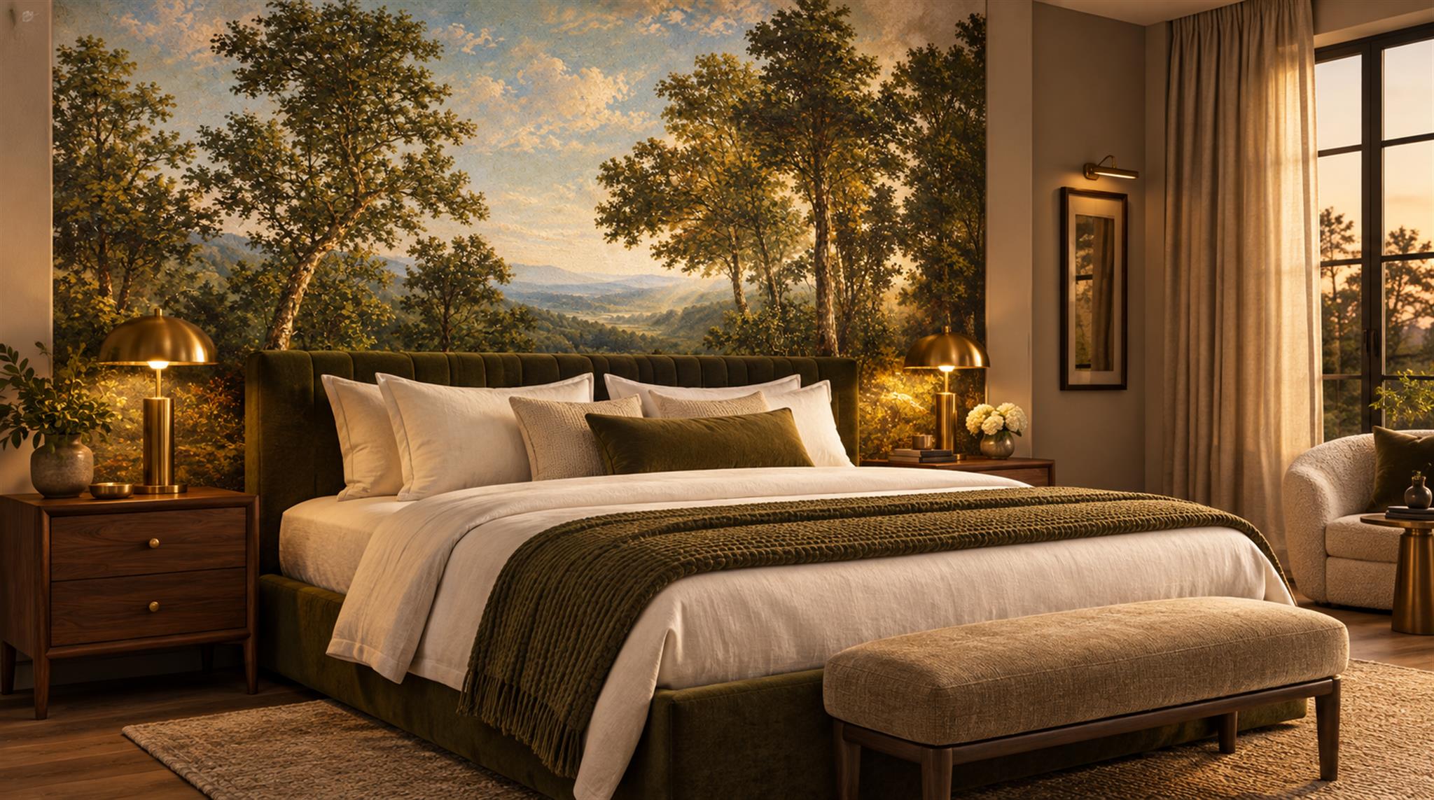 Green And Neutral Woodland Trees Wallpaper Mural Bedroom-wallpaper-murals, Peel-and-stick Finish