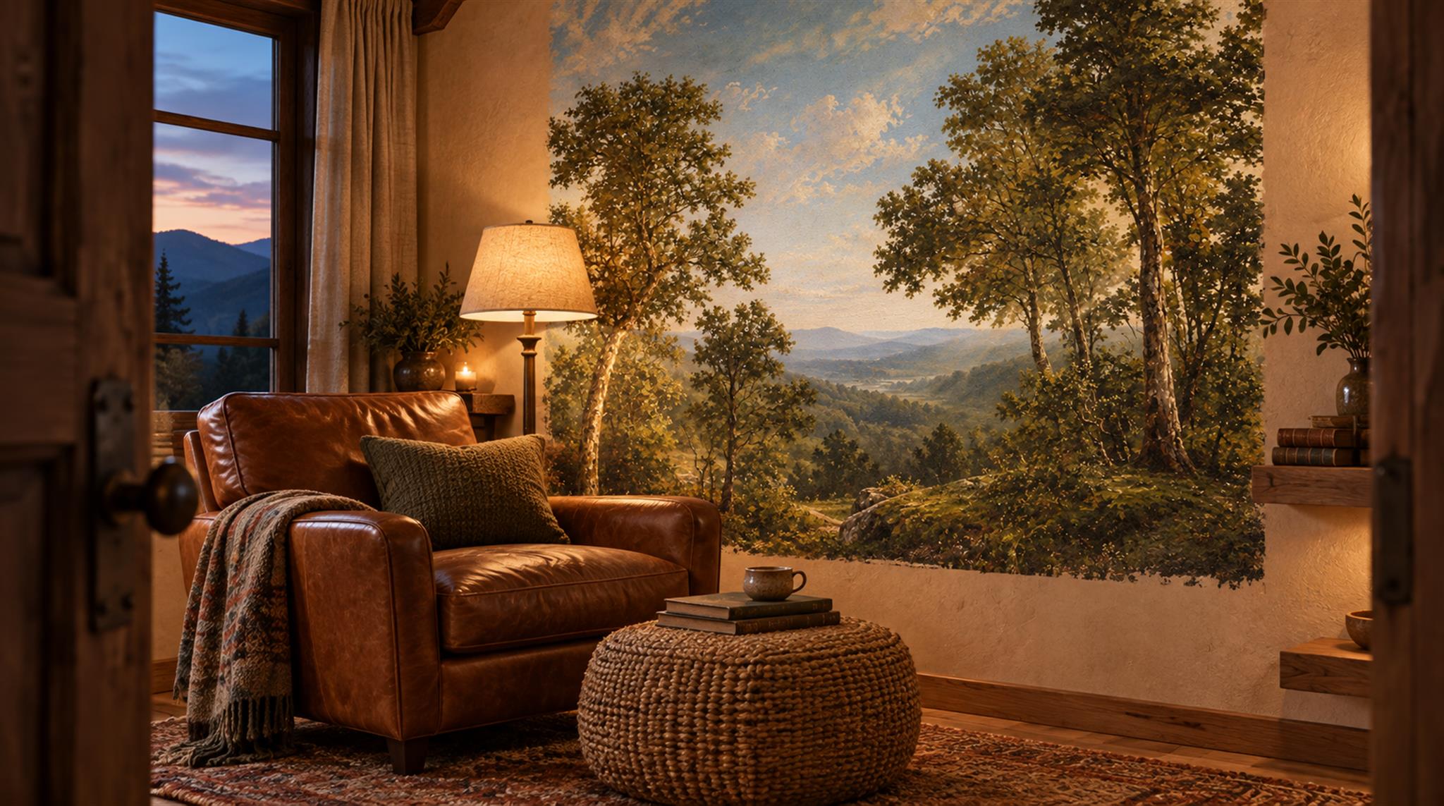 Green And Neutral Woodland Trees Wallpaper Mural Accent-wall-wallpaper-murals, Peel-and-stick Finish