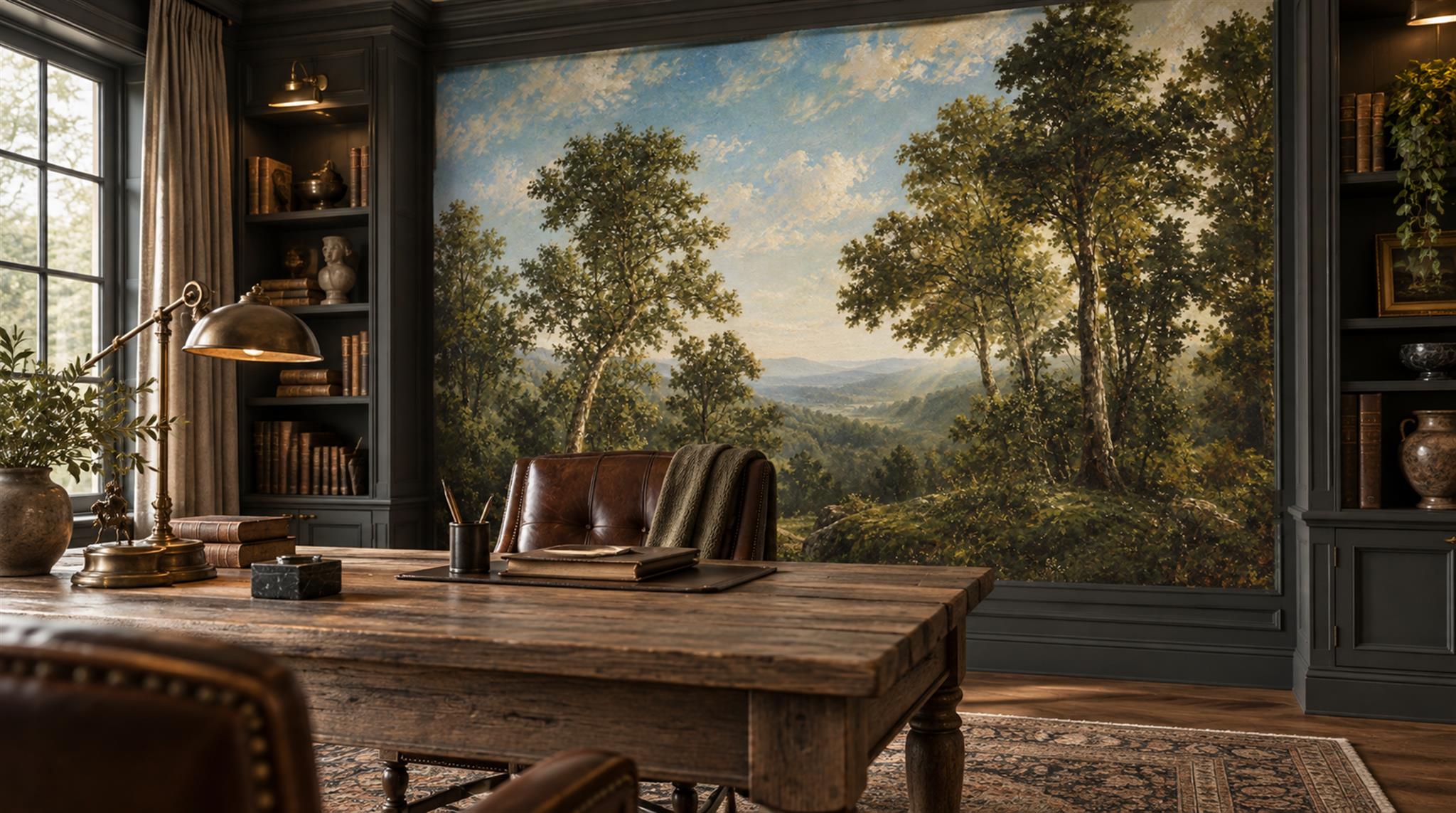 Green And Neutral Woodland Trees Wallpaper Mural Office-wallpaper-murals, Shown In A Home Office, Peel-and-stick Finish
