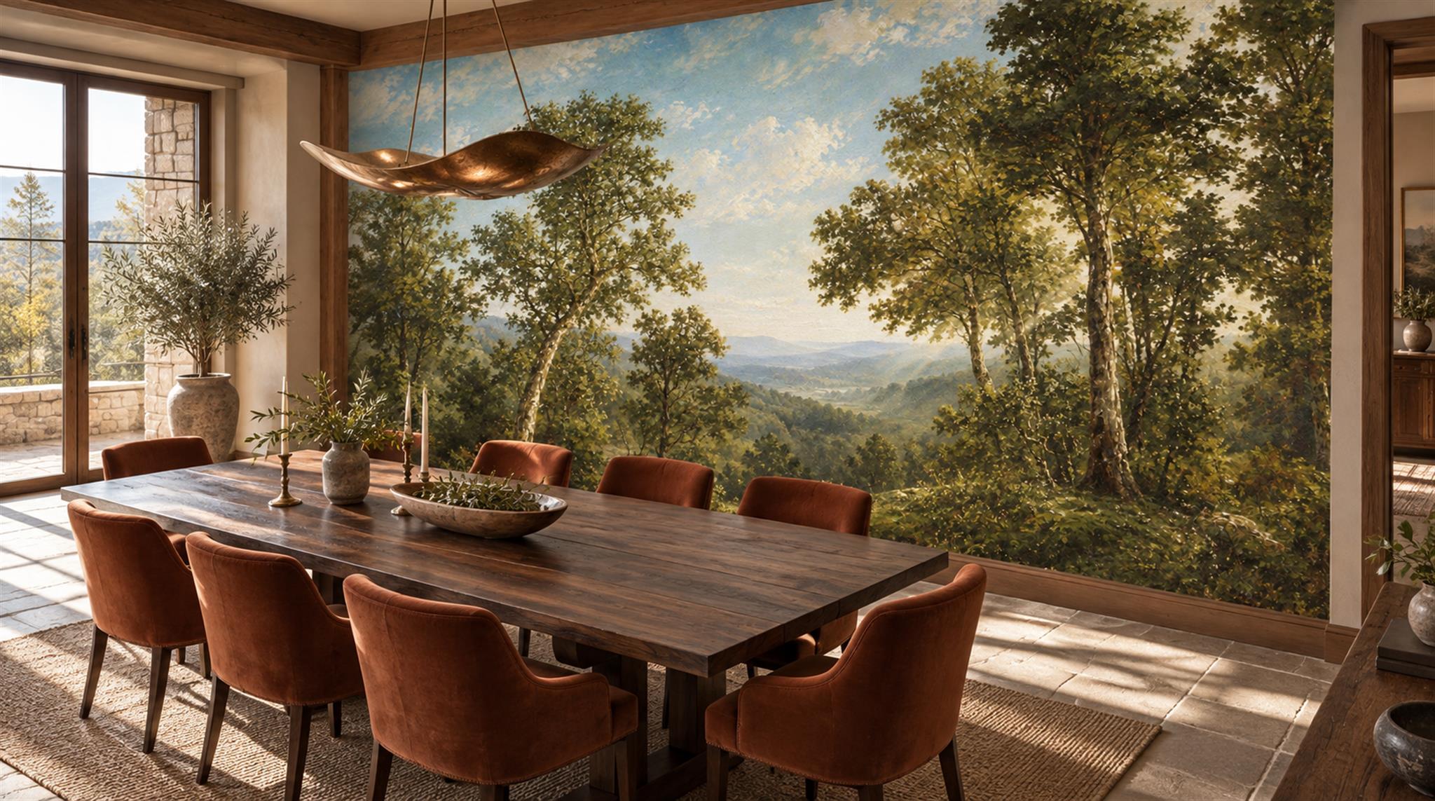 Green And Neutral Woodland Trees Wallpaper Mural Dining-room-wallpaper-murals, Shown In A Dining Room, Peel-and-stick Finish