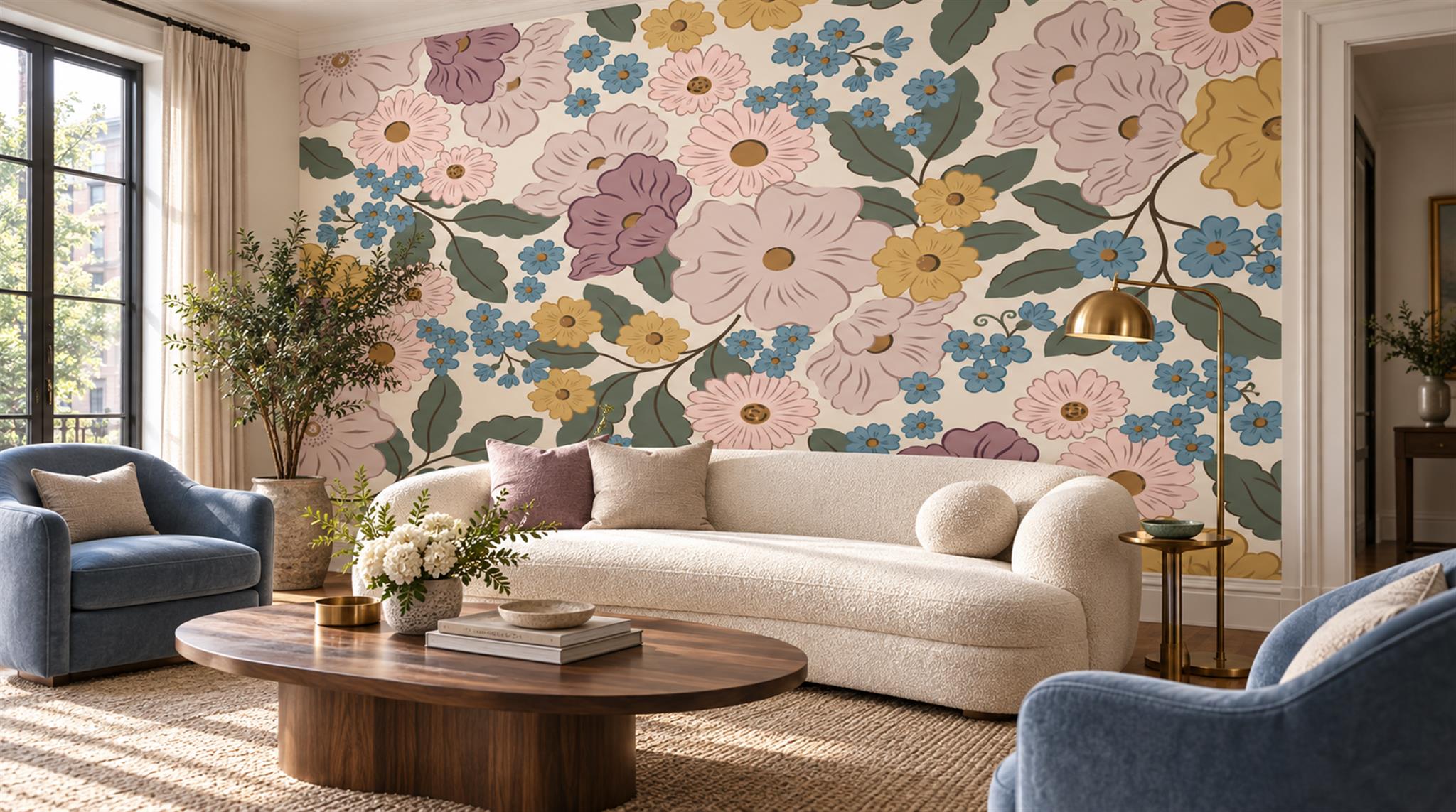 Pastel Garden Flowers And Blue Blossoms Wallpaper Mural — Wallpaper Mural Design, Peel-and-stick Finish
