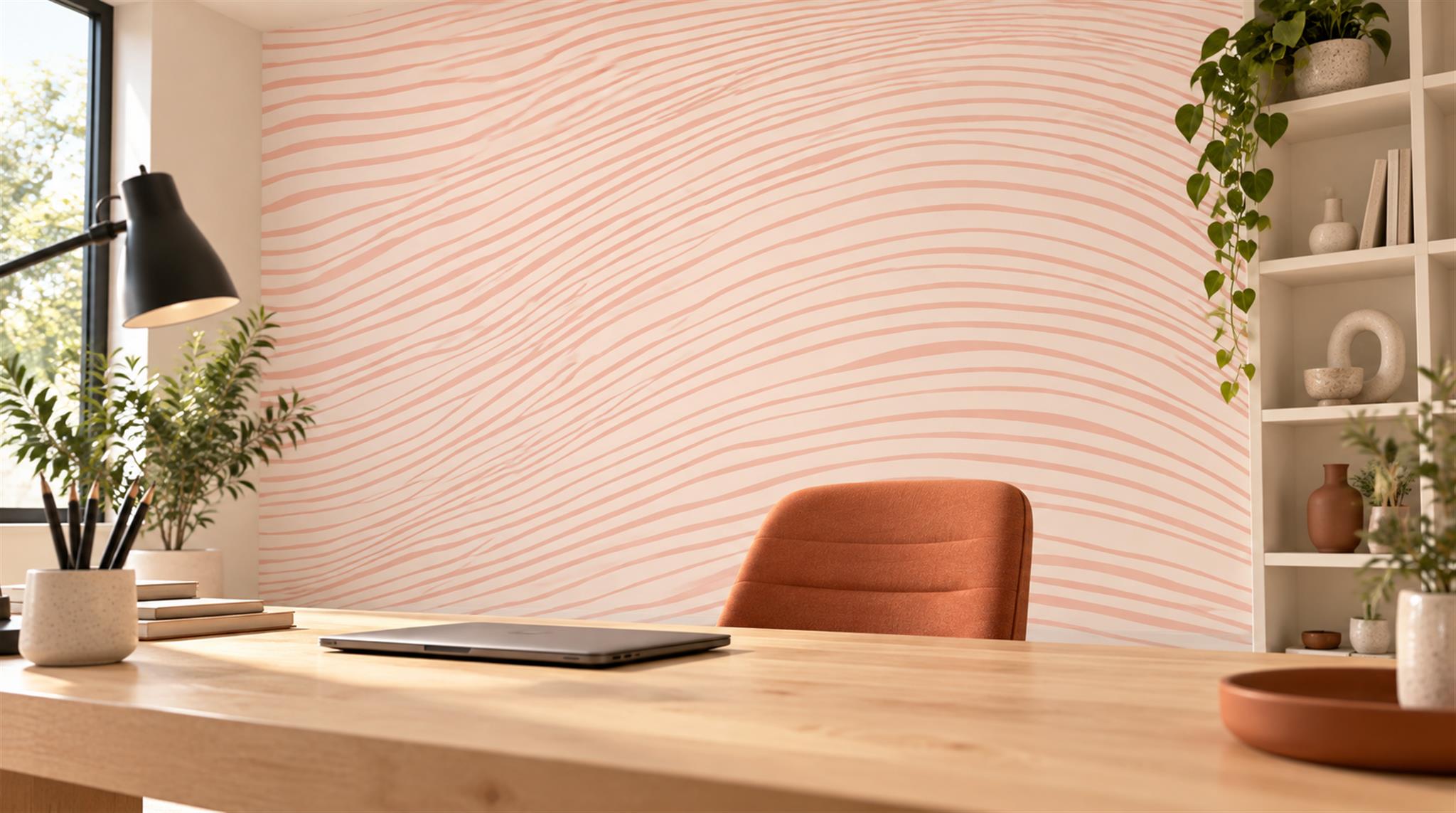 Tan And Pink Abstract Forms Wallpaper Mural Office-wallpaper-murals, Shown In A Home Office, Peel-and-stick Finish
