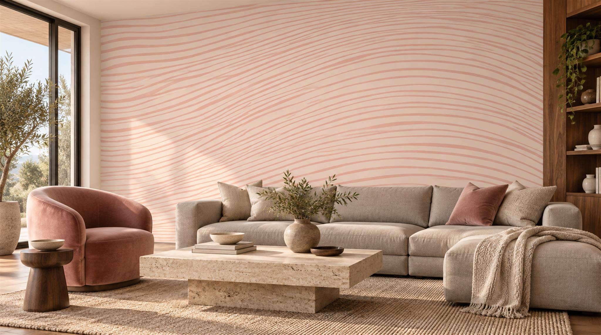 Tan And Pink Abstract Forms Wallpaper Mural Living-room-wallpaper-murals, Peel-and-stick Finish