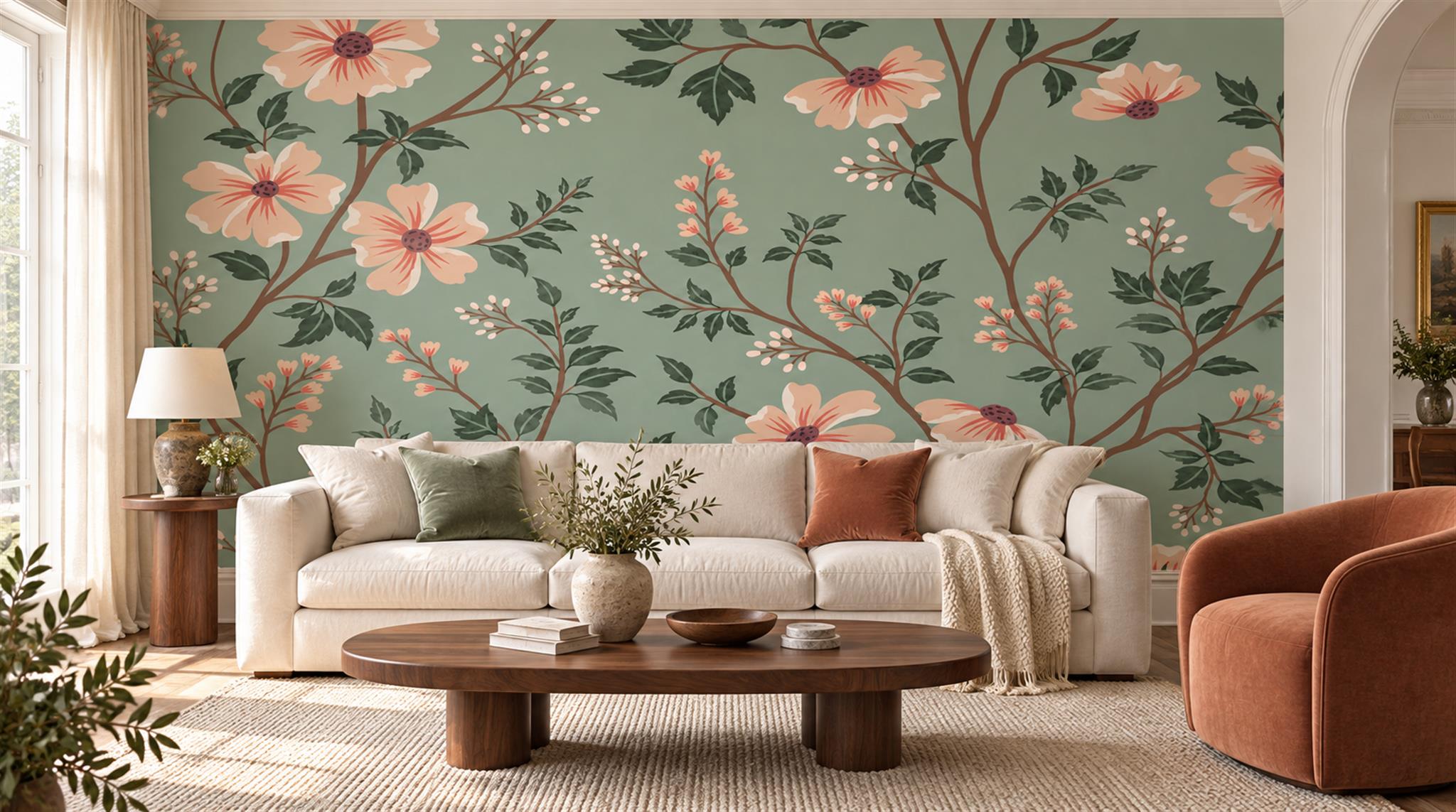 Peach Blossoms On Sage Green Wallpaper Mural — Wallpaper Mural Design, Peel-and-stick Finish