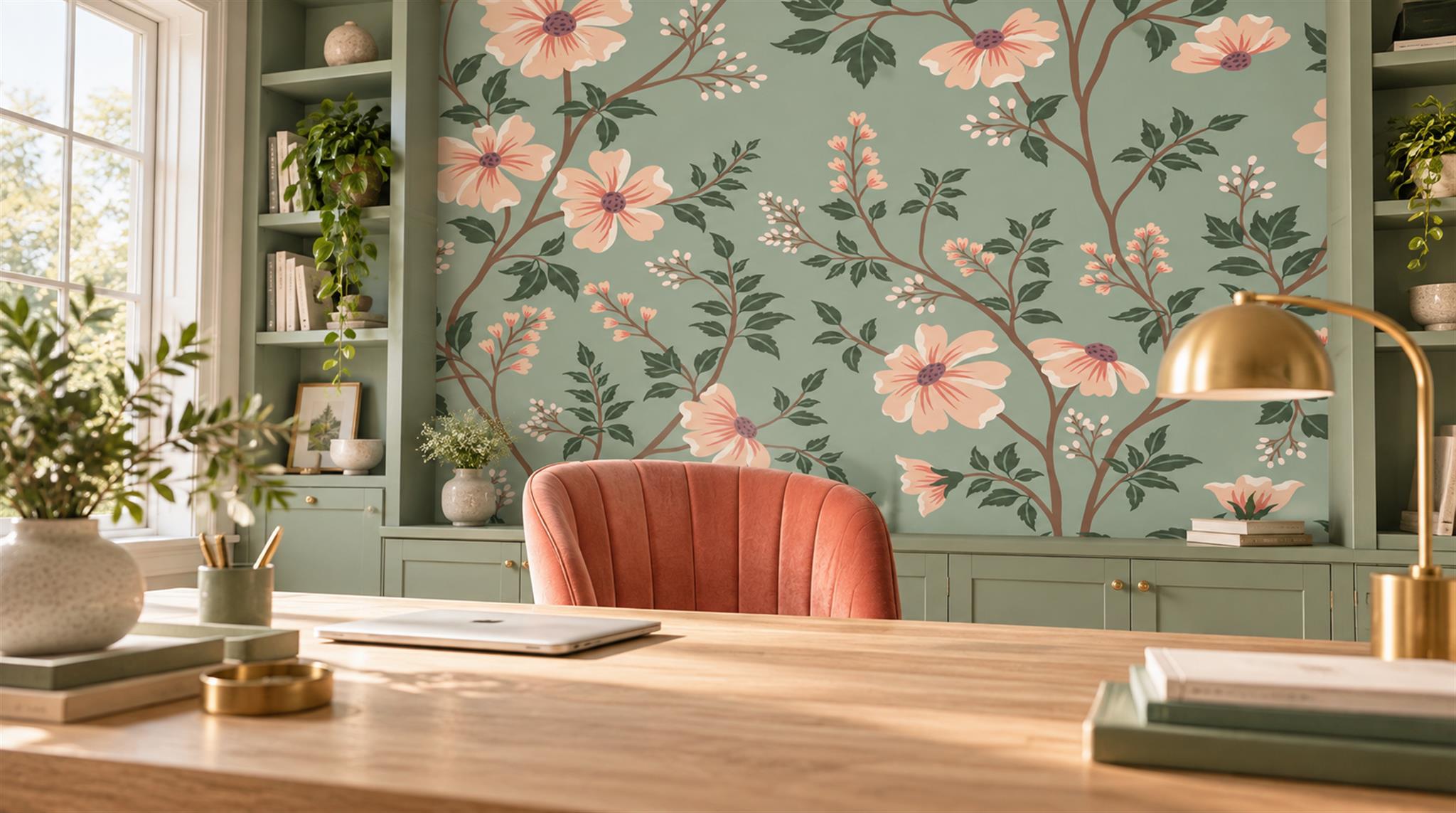 Sage Green And Neutral Abstract Forms Wallpaper Office-wallpaper-murals, Shown In A Home Office, Peel-and-stick Finish