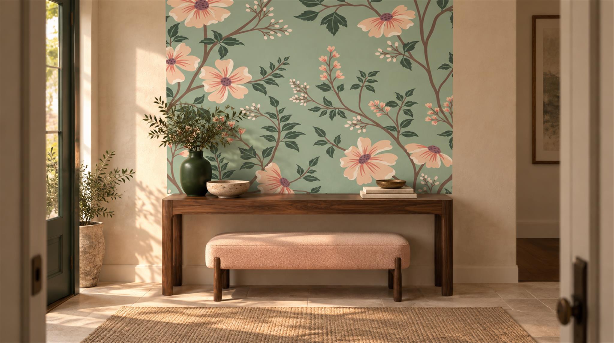 Sage Green And Neutral Abstract Forms Wallpaper Entryway-wallpaper-murals, Peel-and-stick Finish