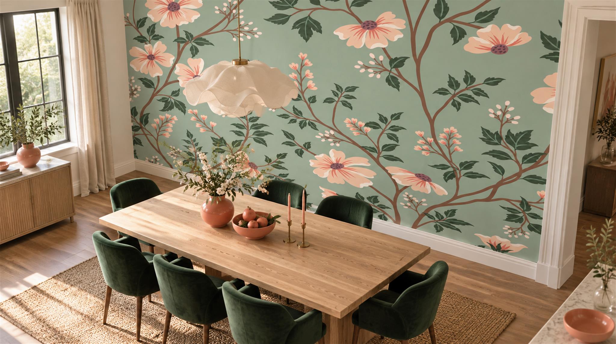 Sage Green And Neutral Abstract Forms Wallpaper Dining-room-wallpaper-murals, Shown In A Dining Room, Peel-and-stick Finish