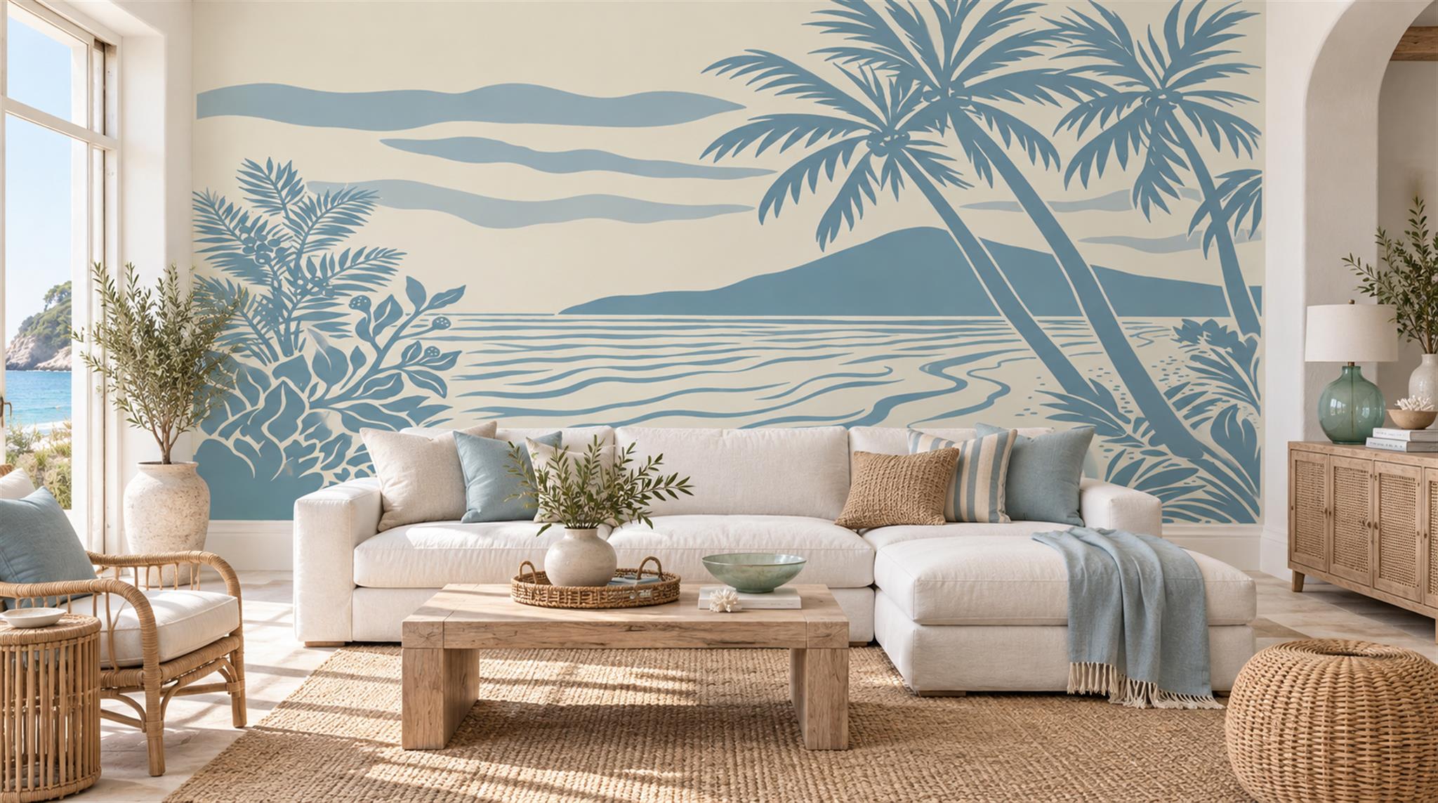 Blue And Neutral Abstract Forms Wallpaper Mural Living-room-wallpaper-murals, Peel-and-stick Finish