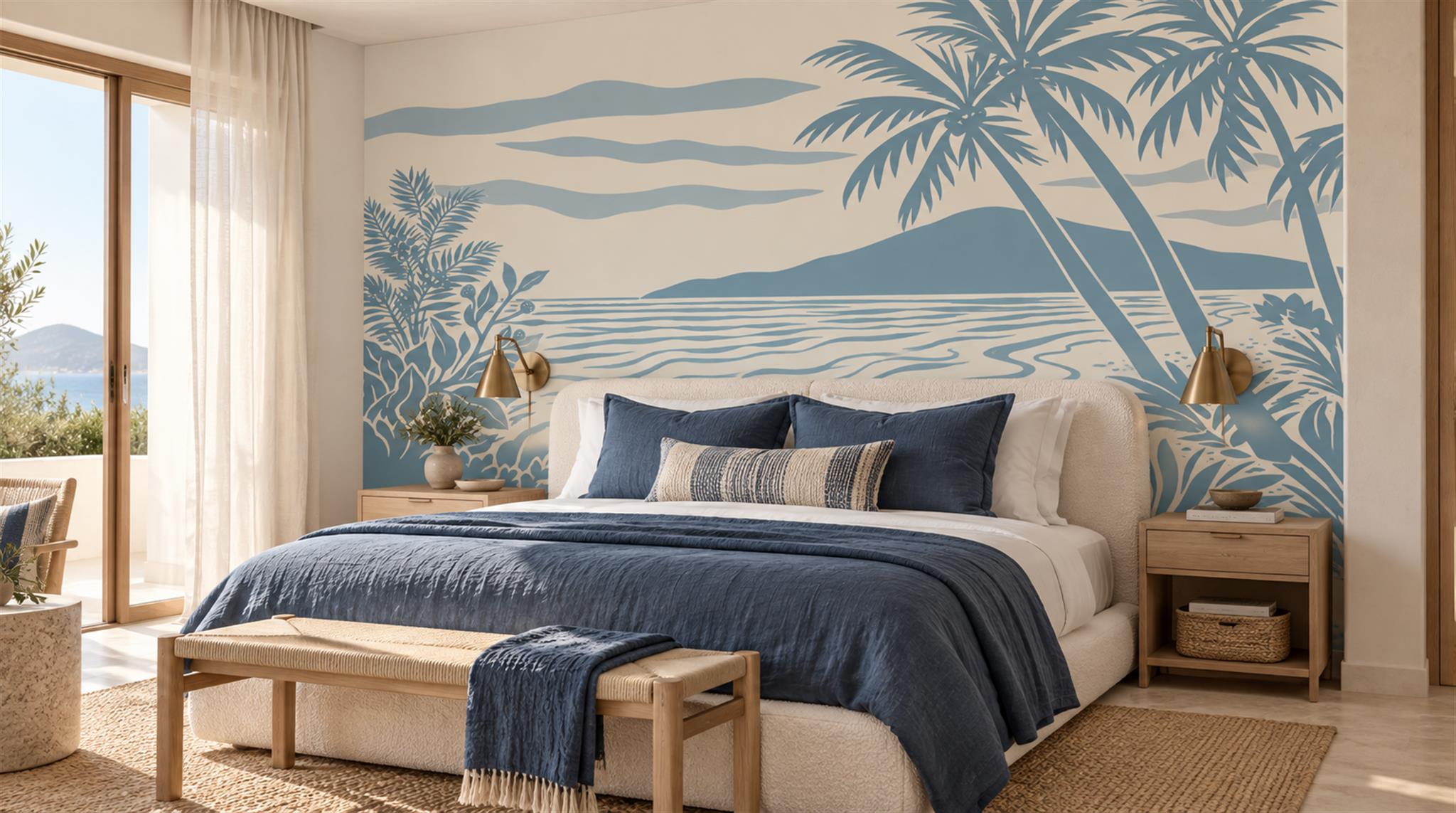 Blue And Neutral Abstract Forms Wallpaper Mural Bedroom-wallpaper-murals, Peel-and-stick Finish