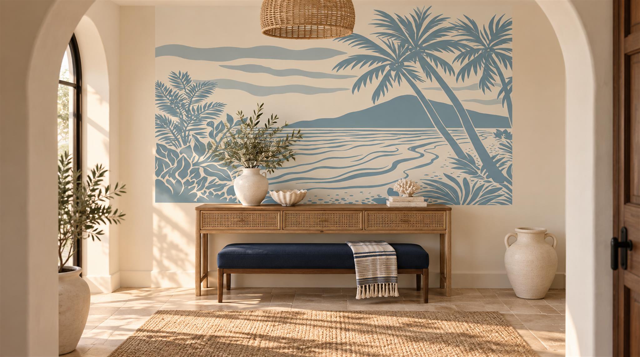 Blue And Neutral Abstract Forms Wallpaper Mural Entryway-wallpaper-murals, Peel-and-stick Finish