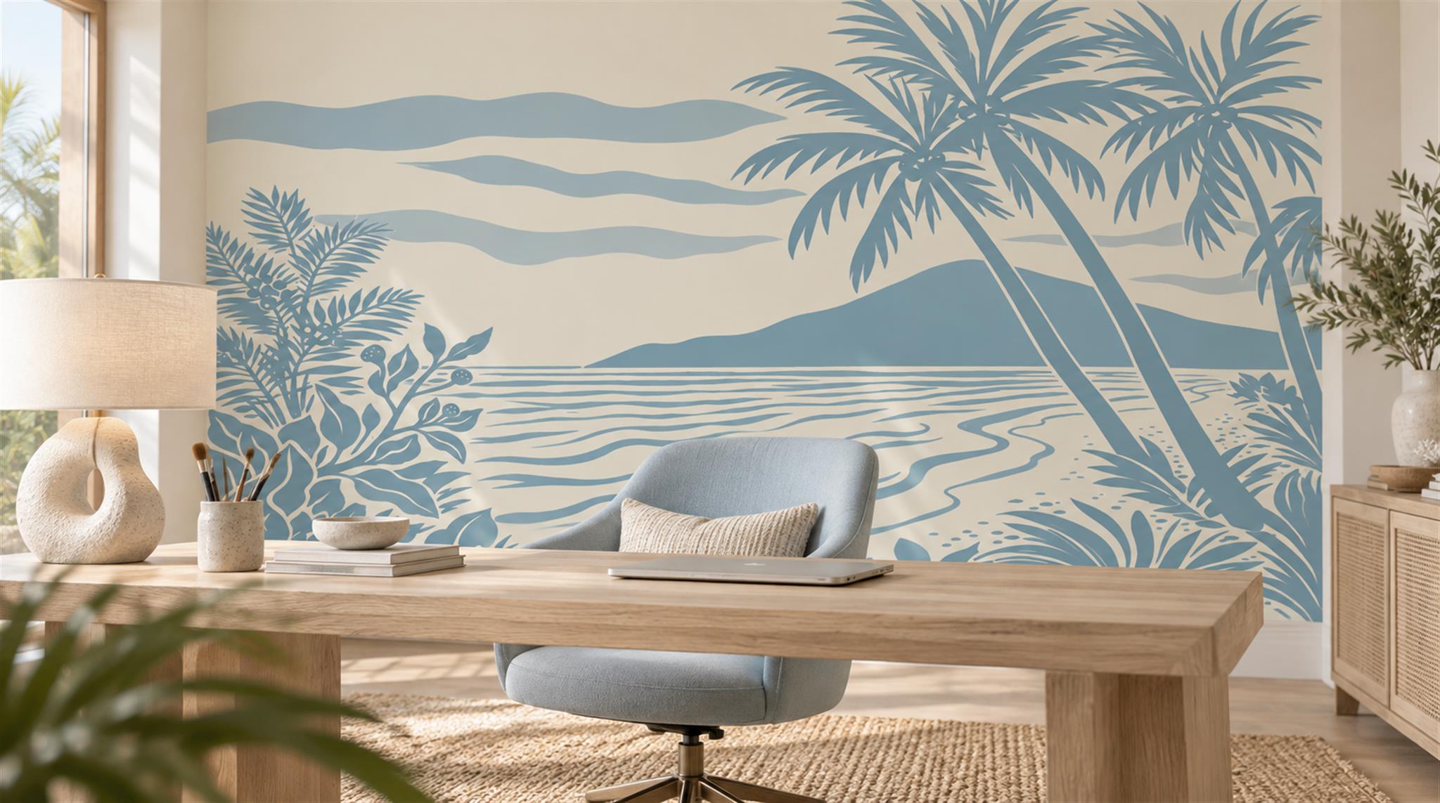 Blue And Neutral Abstract Forms Wallpaper Mural Office-wallpaper-murals, Shown In A Home Office, Peel-and-stick Finish