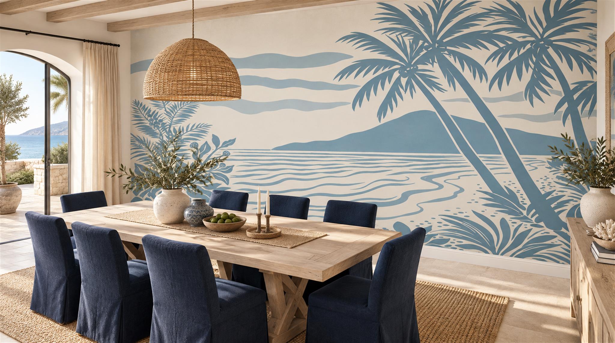 Blue And Neutral Abstract Forms Wallpaper Mural Living-room-wallpaper-murals, Peel-and-stick Finish