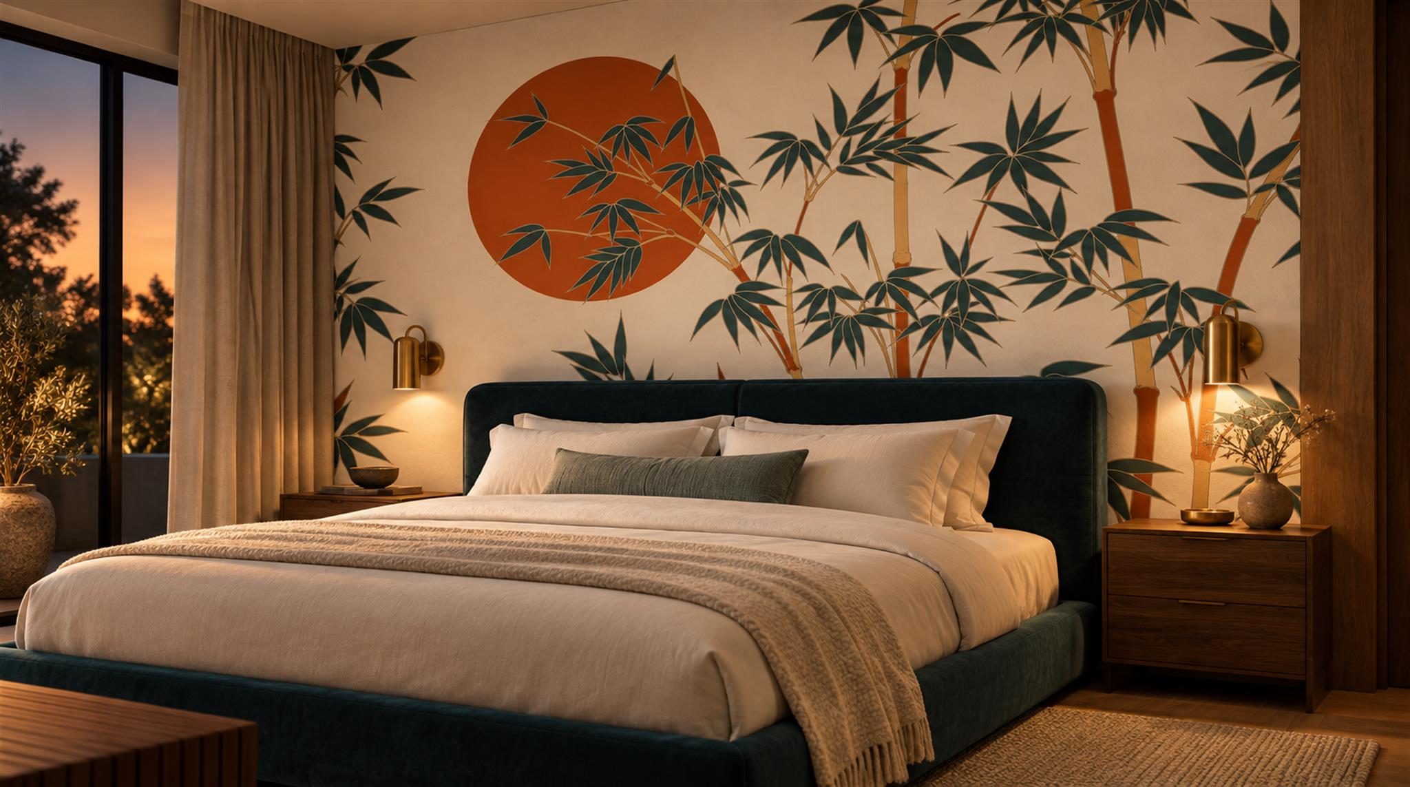 Cream And Red Decorative Patterning Bamboo Wallpaper Mural Bedroom-wallpaper-murals, Peel-and-stick Finish