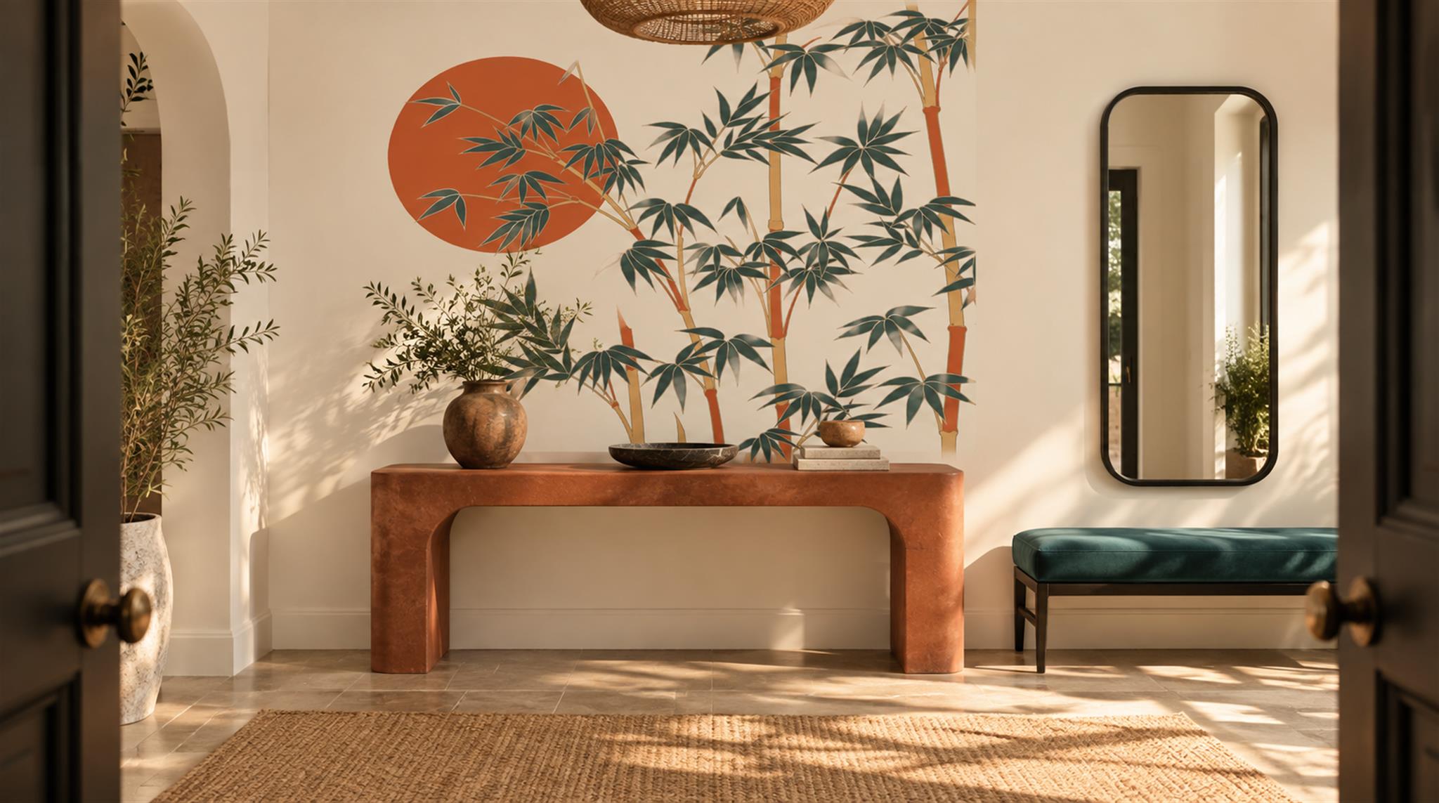 Cream And Red Decorative Patterning Bamboo Wallpaper Mural Entryway-wallpaper-murals, Peel-and-stick Finish
