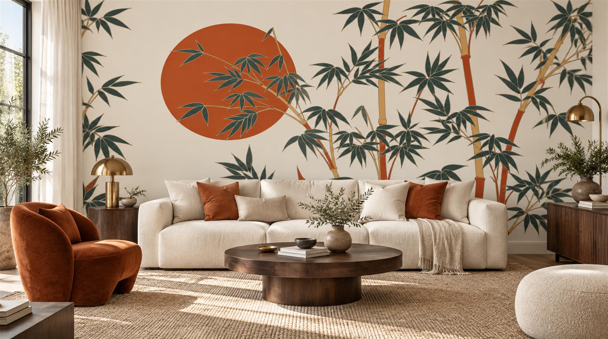 Cream And Red Decorative Patterning Bamboo Wallpaper Mural Living-room-wallpaper-murals, Peel-and-stick Finish