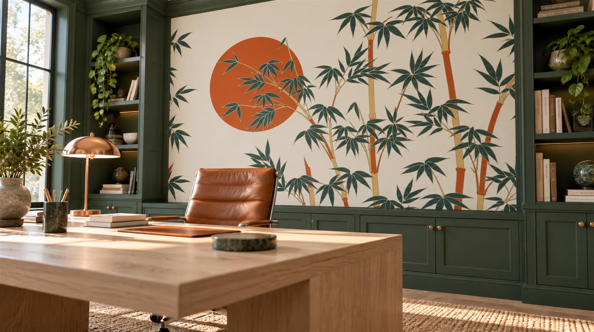Cream And Red Decorative Patterning Bamboo Wallpaper Mural Office-wallpaper-murals, Shown In A Home Office, Peel-and-stick Finish