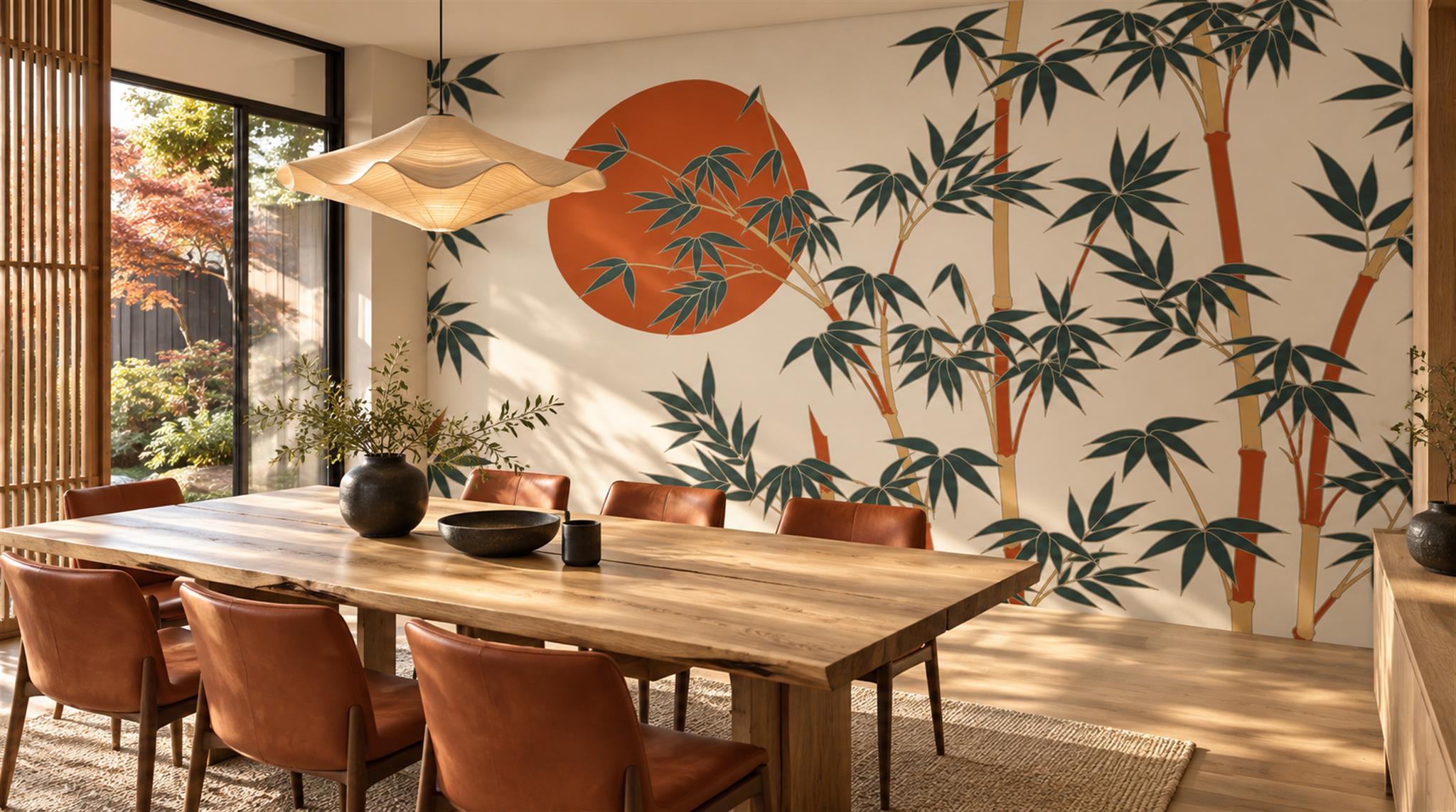 Cream And Red Decorative Patterning Bamboo Wallpaper Mural Entryway-wallpaper-murals, Peel-and-stick Finish