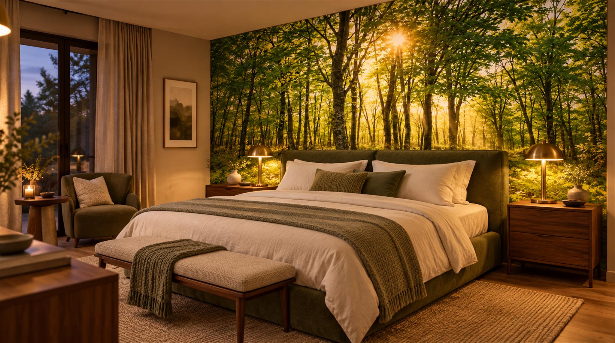 Gold And Neutral Woodland Trees Wallpaper Mural Bedroom-wallpaper-murals, Peel-and-stick Finish