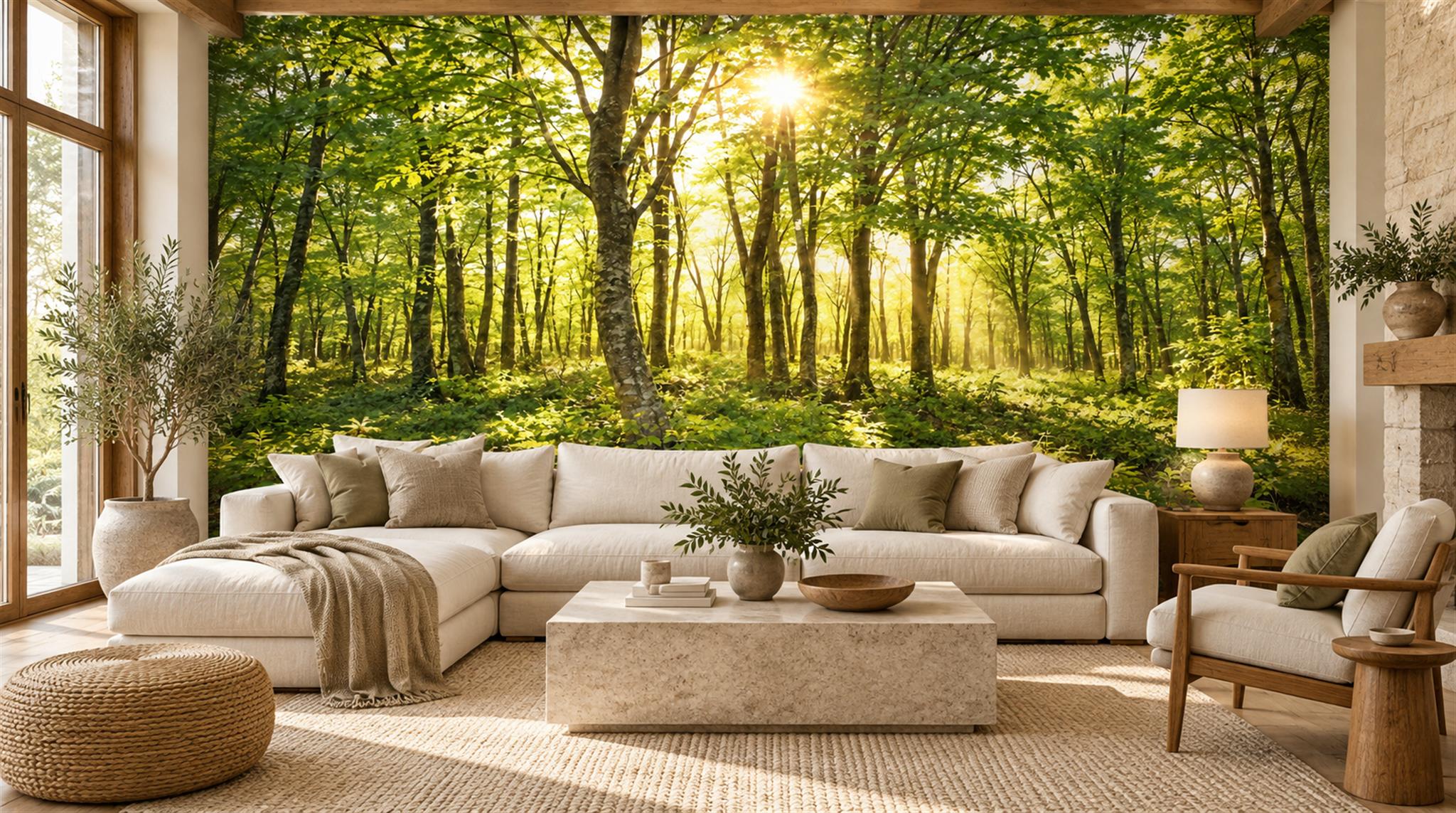 Sunbeams Through A Green Woodland Wallpaper Mural — Wallpaper Mural Design, Peel-and-stick Finish
