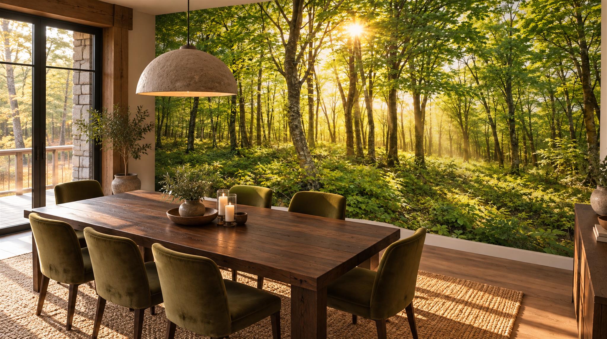 Gold And Neutral Woodland Trees Wallpaper Mural Dining-room-wallpaper-murals, Shown In A Dining Room, Peel-and-stick Finish