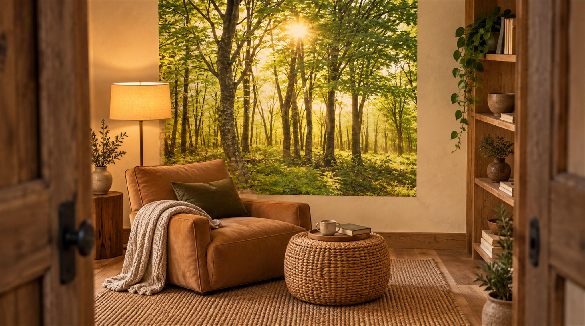 Gold And Neutral Woodland Trees Wallpaper Mural Accent-wall-wallpaper-murals, Peel-and-stick Finish