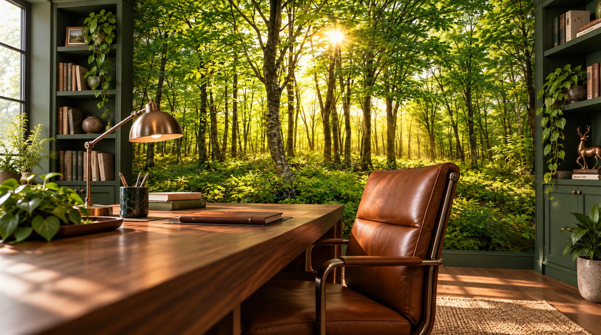 Gold And Neutral Woodland Trees Wallpaper Mural Office-wallpaper-murals, Shown In A Home Office, Peel-and-stick Finish