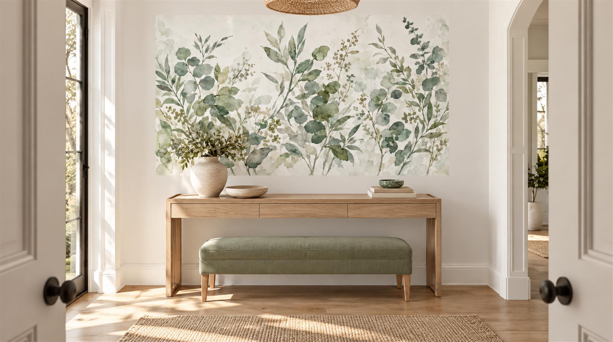 Sage Green And Neutral Abstract Forms Wallpaper Decorative Wallpaper Entryway-wallpaper-murals, Peel-and-stick Finish