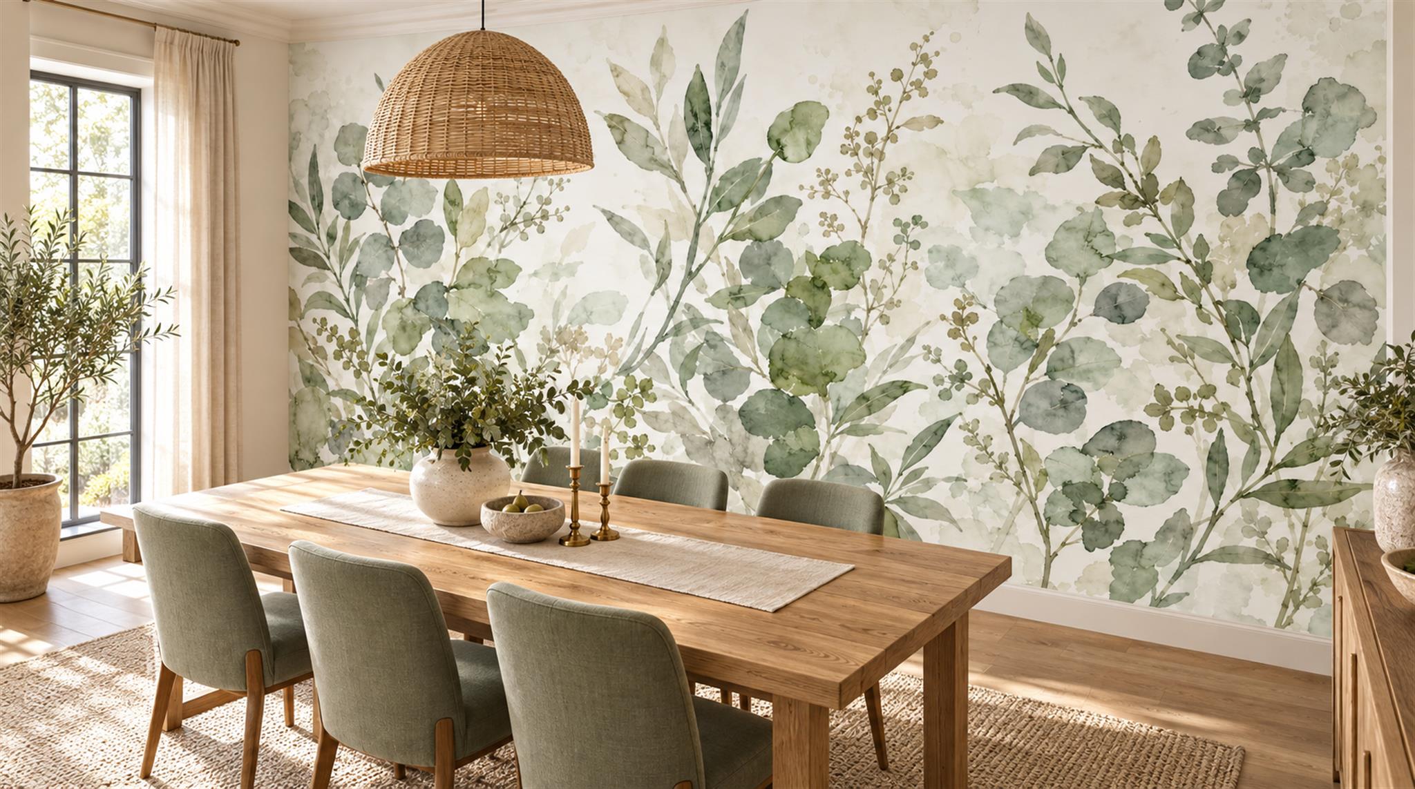 Watercolour Green Leaves And Seed Branches Wallpaper Mural — Wallpaper Mural Design, Peel-and-stick Finish