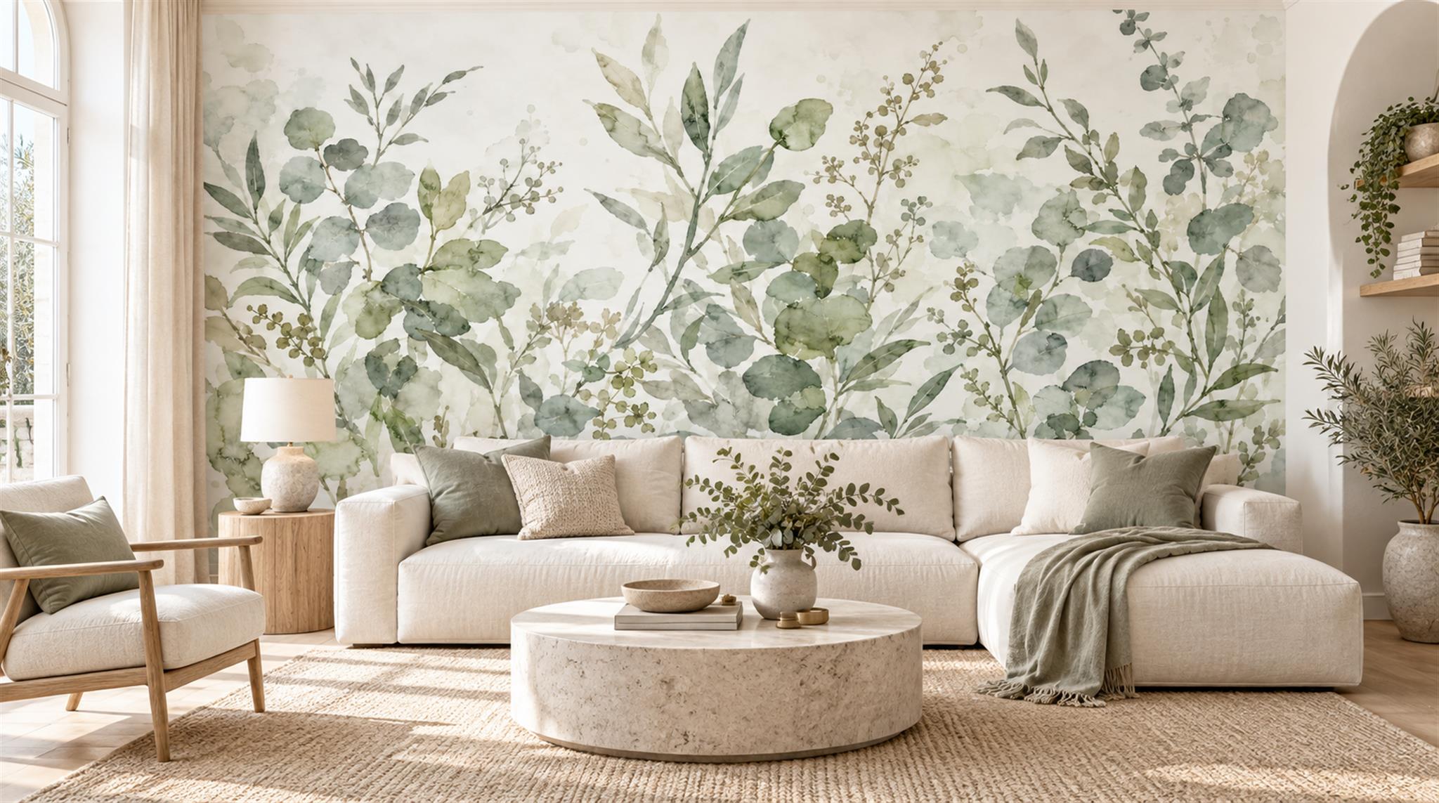 Sage Green And Neutral Abstract Forms Wallpaper Decorative Wallpaper Living-room-wallpaper-murals, Shown In A Living Room, Peel-and-stick Finish