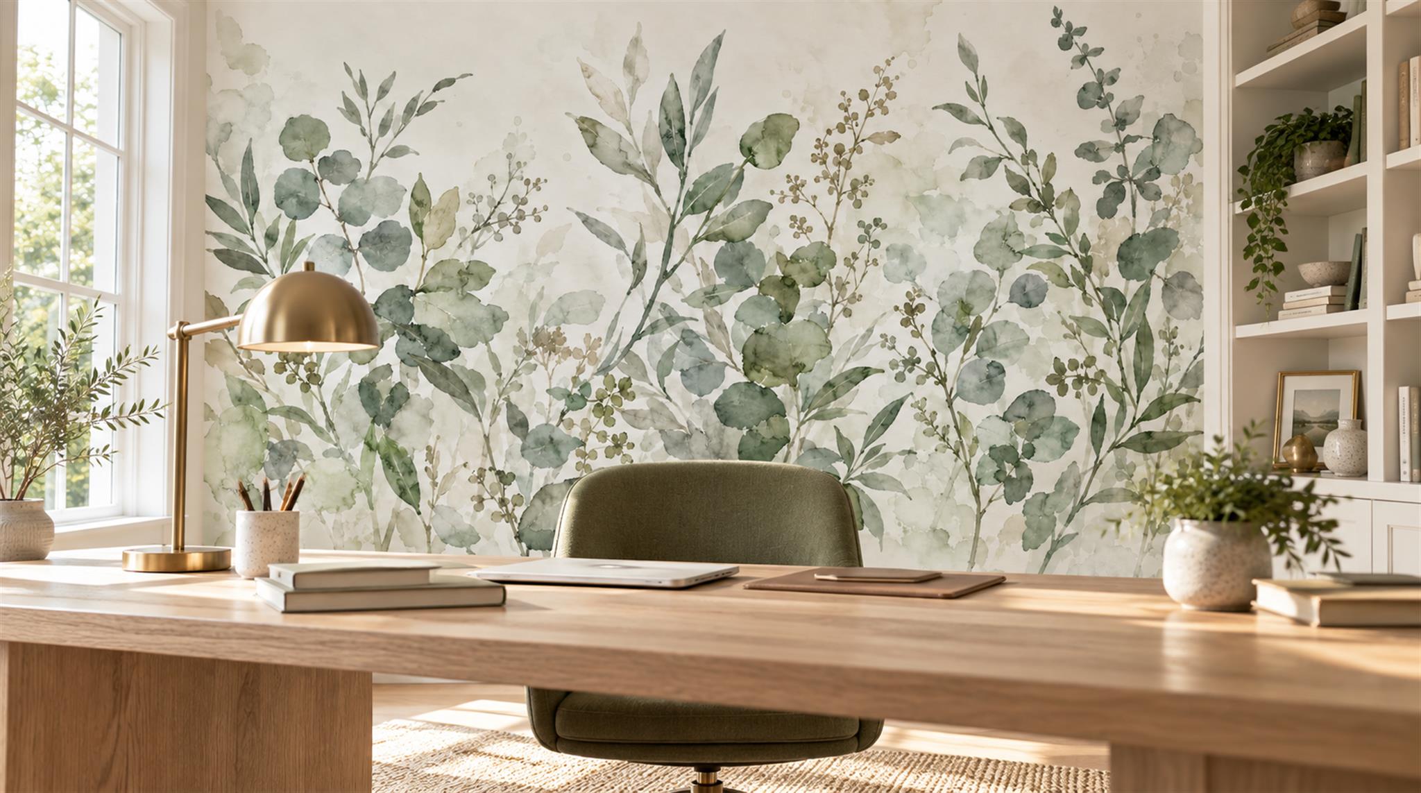 Sage Green And Neutral Abstract Forms Wallpaper Decorative Wallpaper Office-wallpaper-murals, Shown In A Home Office, Peel-and-stick Finish