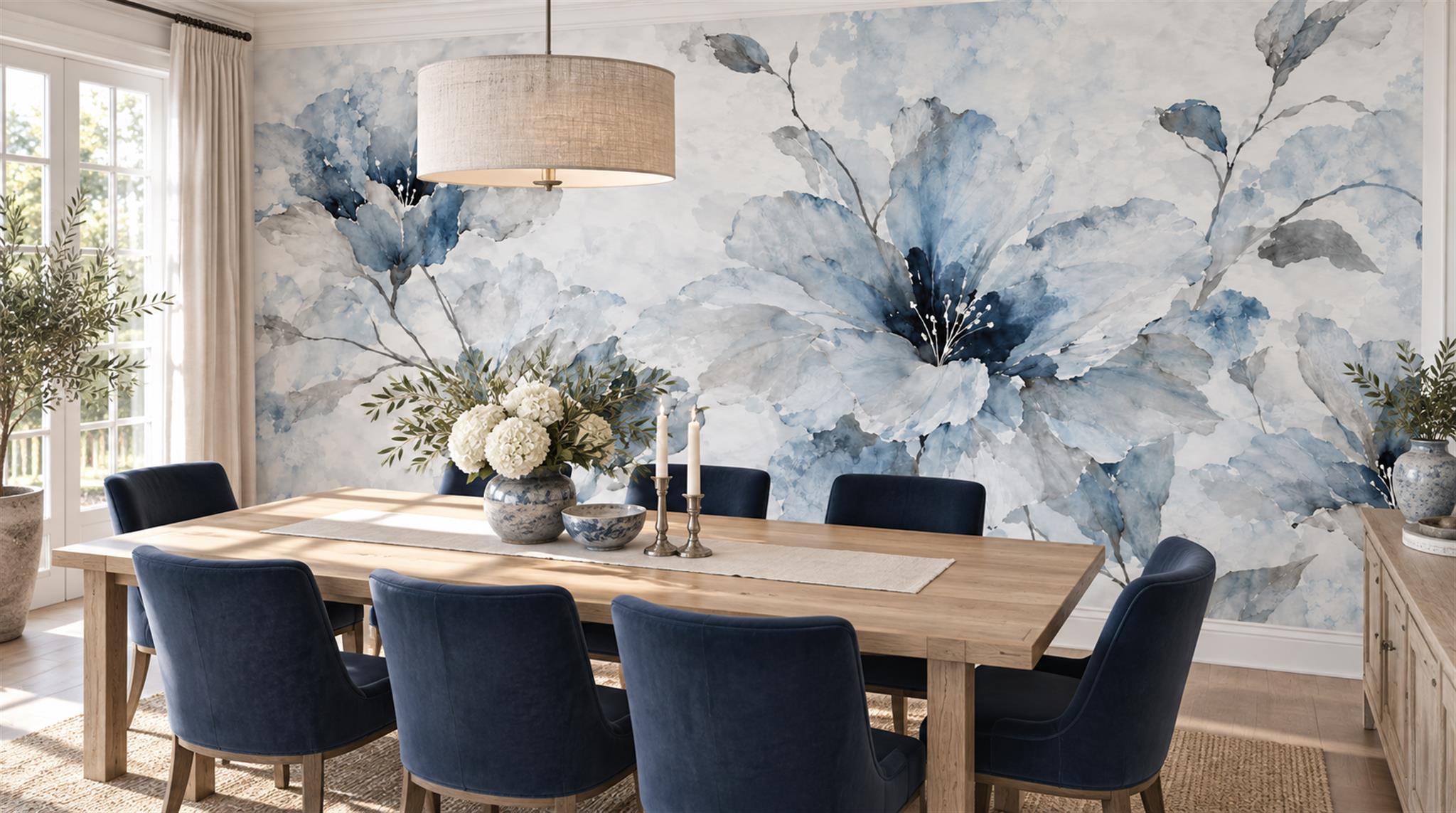 Blue And Neutral Abstract Forms Decorative Wallpaper Mural Dining-room-wallpaper-murals, Shown In A Dining Room, Peel-and-stick Finish