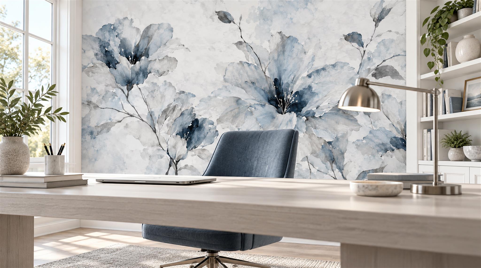 Blue And Neutral Abstract Forms Decorative Wallpaper Mural Office-wallpaper-murals, Shown In A Home Office, Peel-and-stick Finish