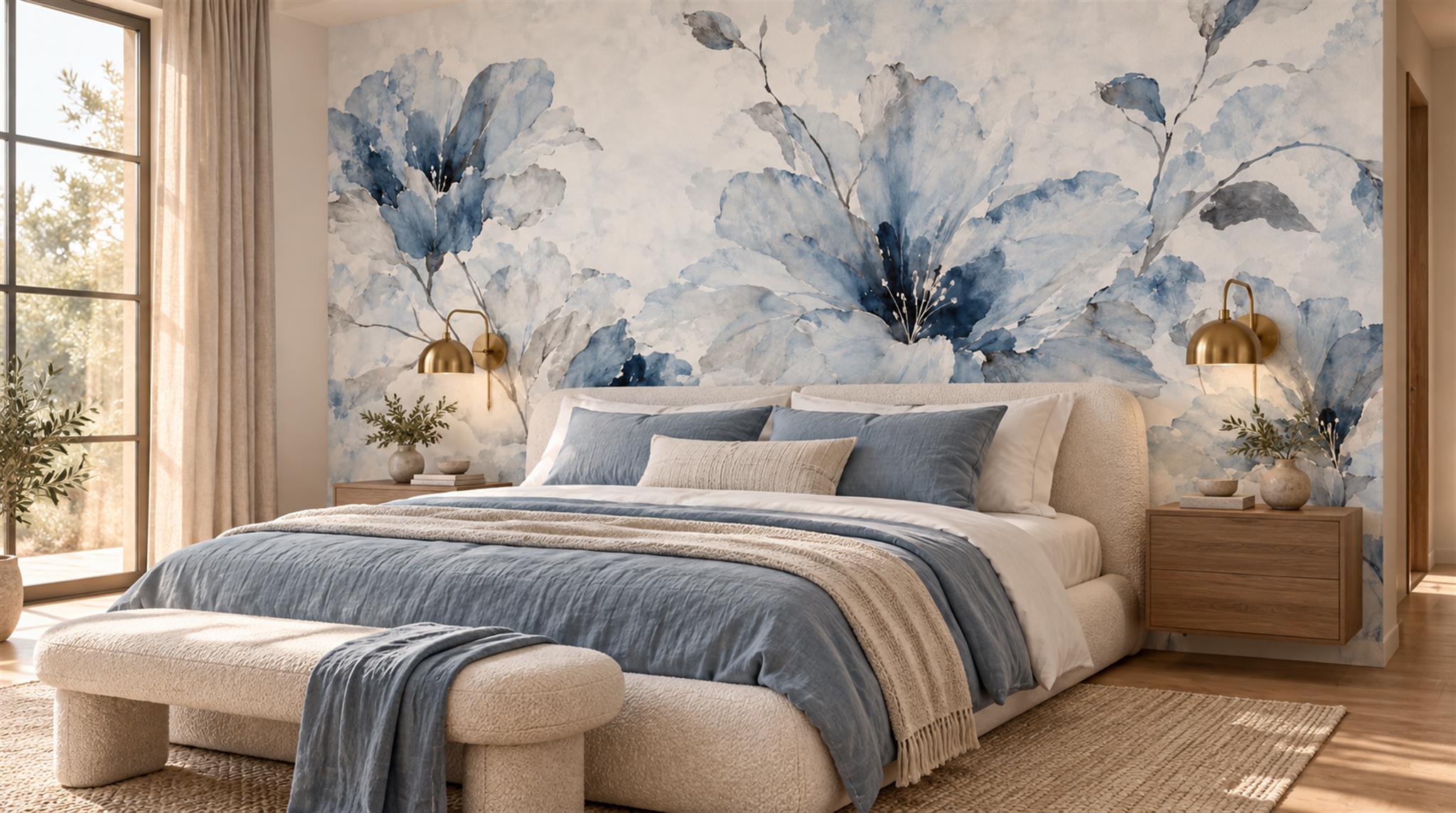 Blue And Neutral Abstract Forms Decorative Wallpaper Mural Bedroom-wallpaper-murals, Peel-and-stick Finish