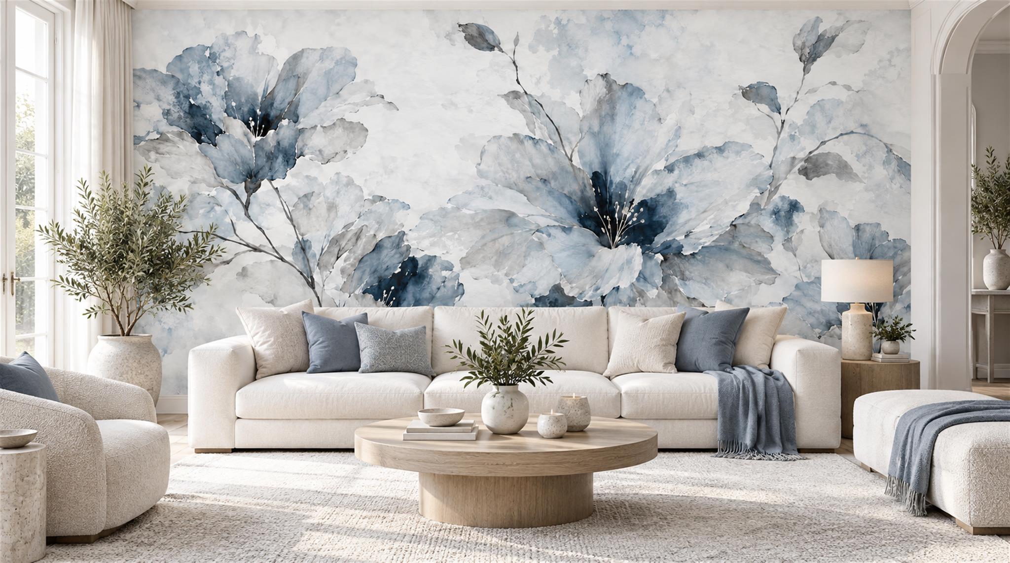 Blue And Neutral Abstract Forms Decorative Wallpaper Mural Living-room-wallpaper-murals, Peel-and-stick Finish