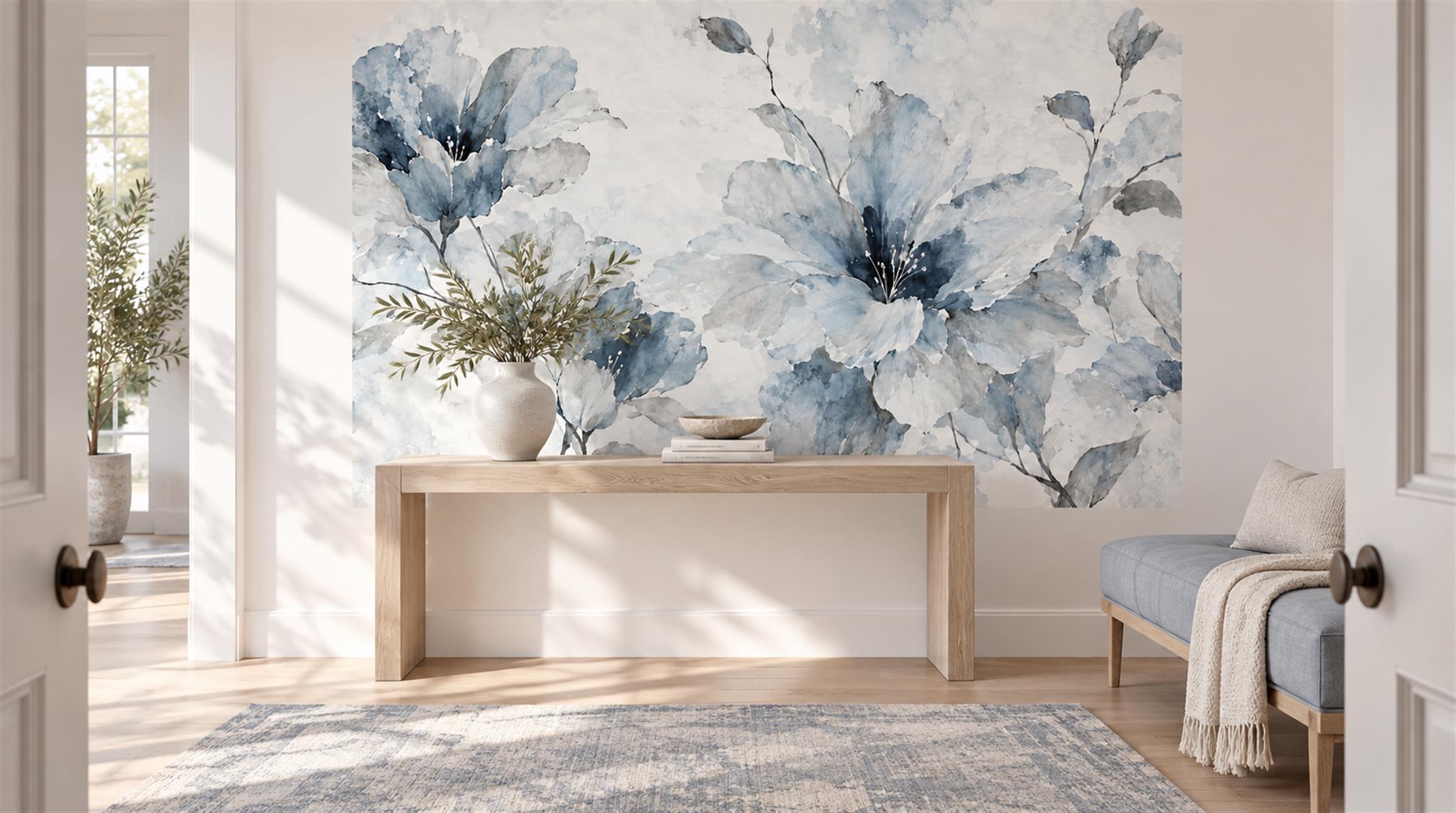 Blue And Neutral Abstract Forms Decorative Wallpaper Mural Living-room-wallpaper-murals, Peel-and-stick Finish