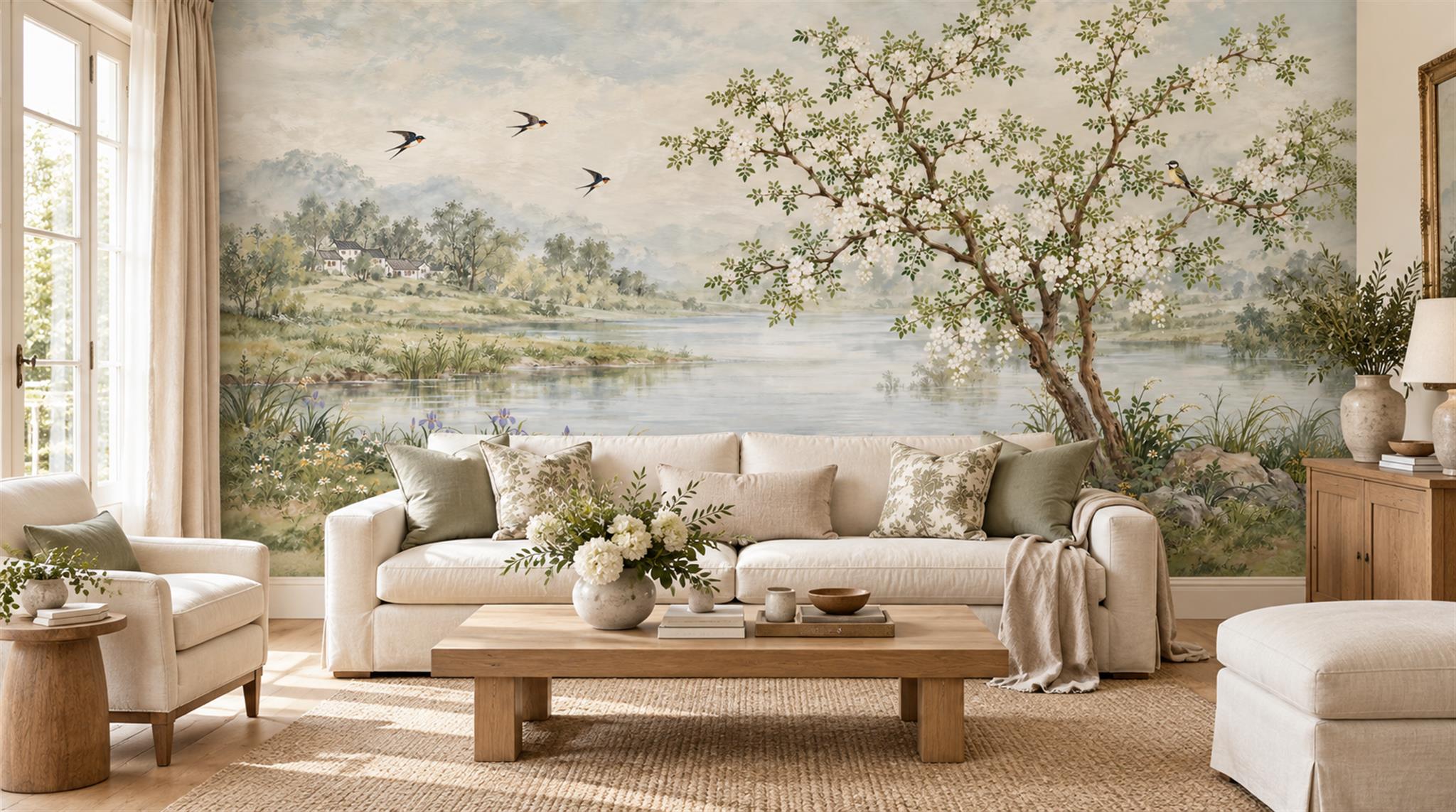Sage Green And Neutral Abstract Forms Wallpaper Layered Wallpaper Living-room-wallpaper-murals, Shown In A Living Room, Peel-and-stick Finish