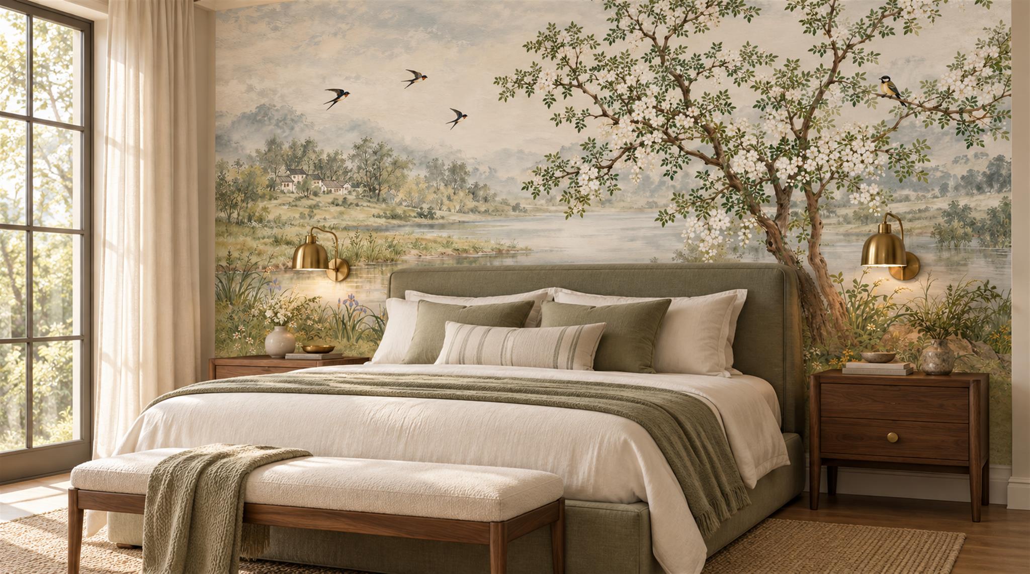 Sage Green And Neutral Abstract Forms Wallpaper Layered Wallpaper Bedroom-wallpaper-murals, Peel-and-stick Finish